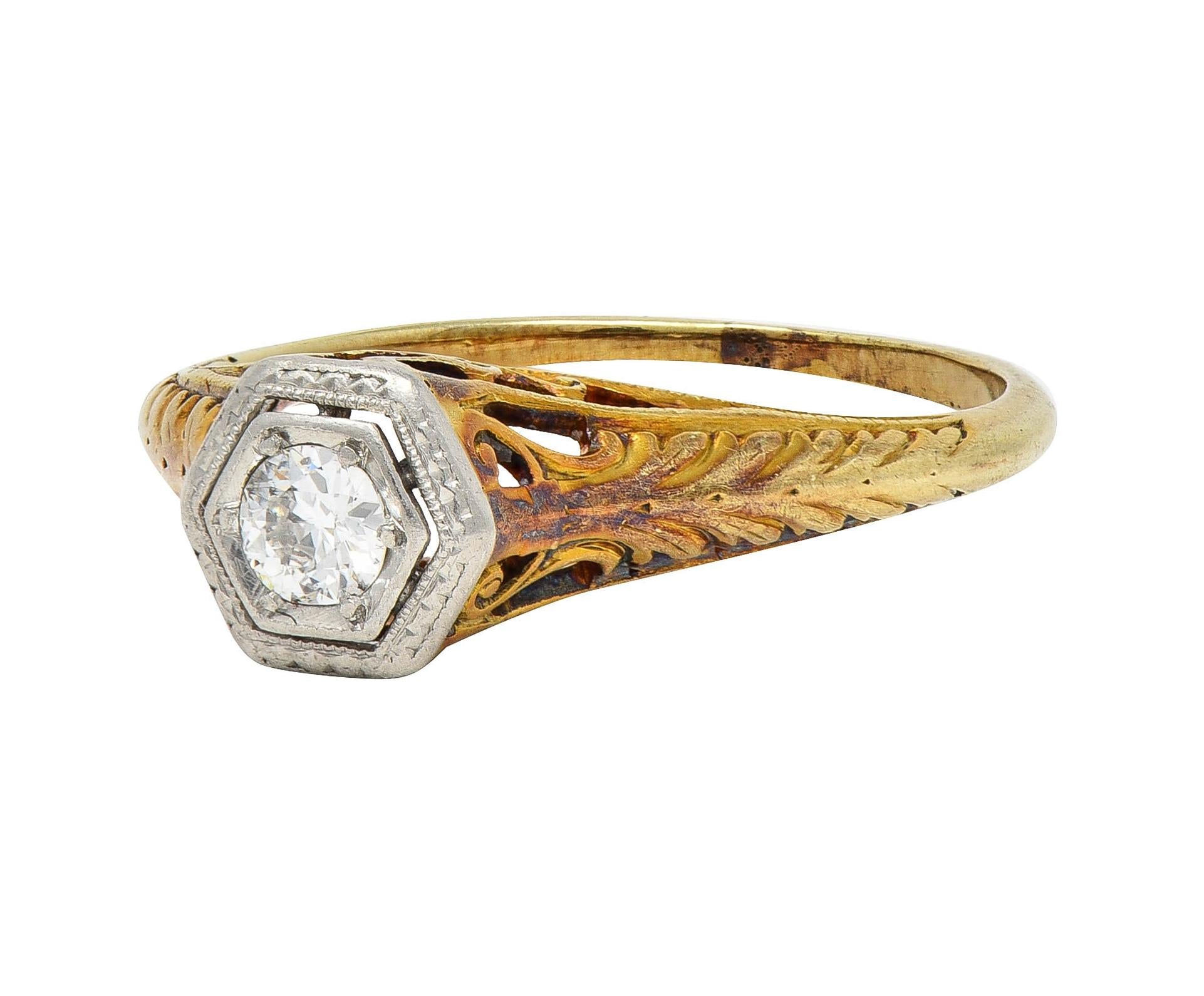 Edwardian European Diamond Platinum 14K Gold Antique Feather Engagement Ring