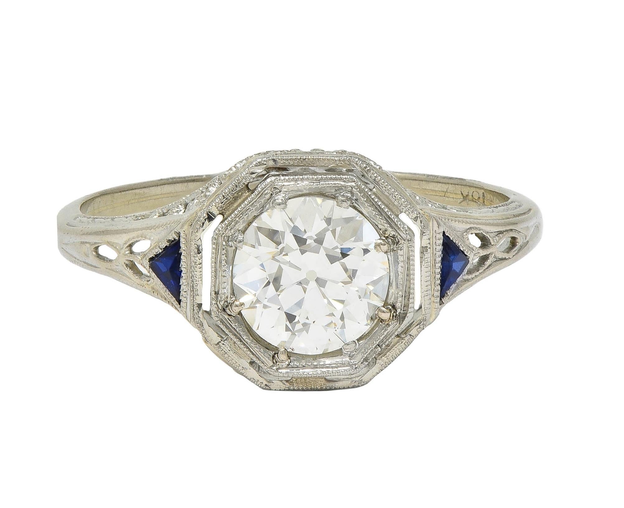 Art Deco 0.91 CTW OEC Diamond Sapphire 18 Karat Gold Vintage Engagement Ring GIA