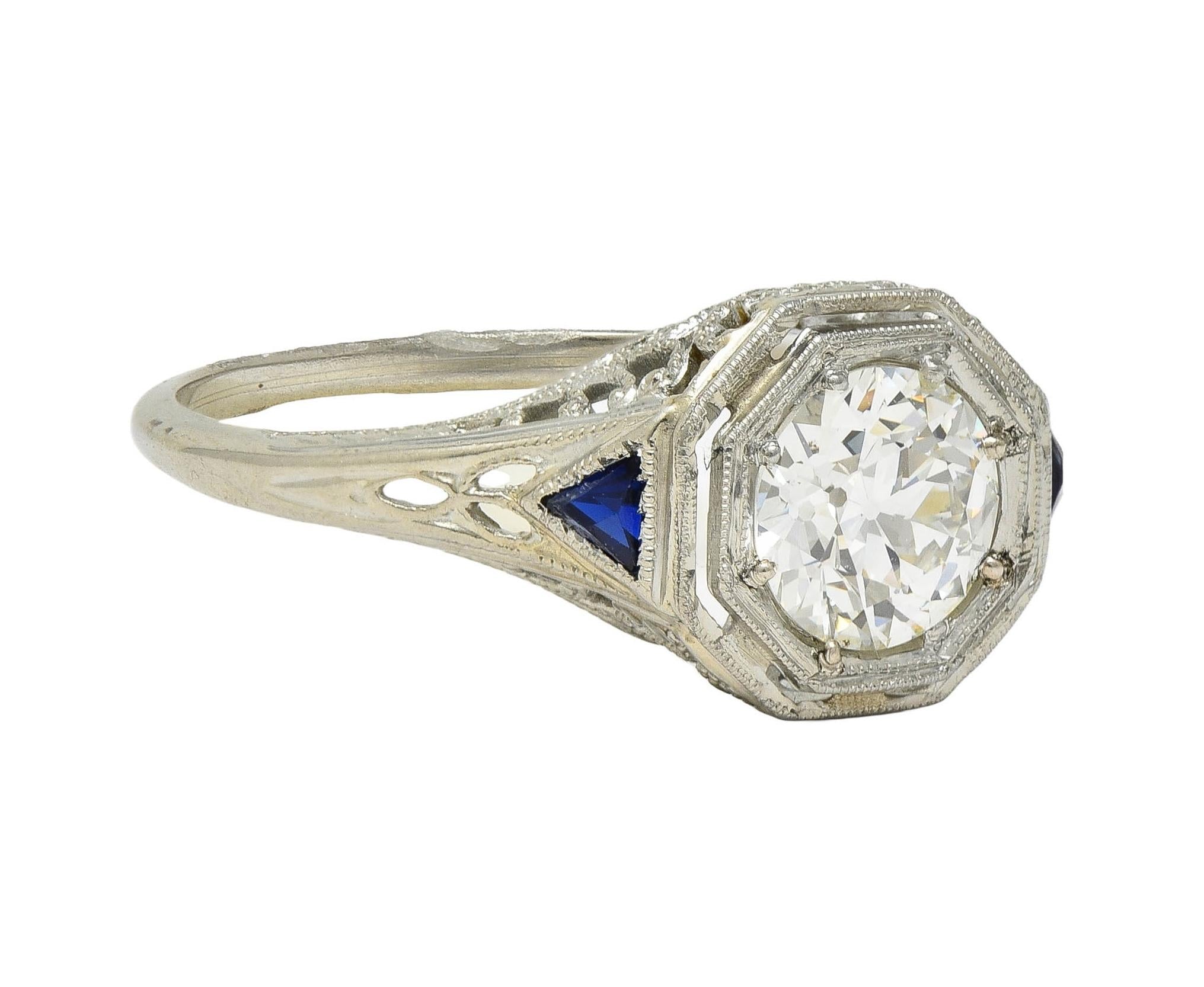 Art Deco 0.91 CTW OEC Diamond Sapphire 18 Karat Gold Vintage Engagement Ring GIA