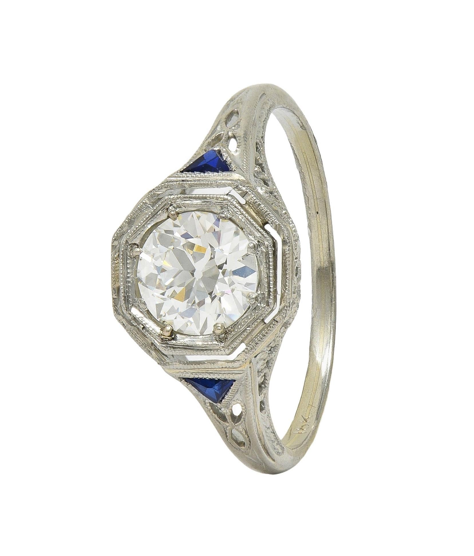 Art Deco 0.91 CTW OEC Diamond Sapphire 18 Karat Gold Vintage Engagement Ring GIA