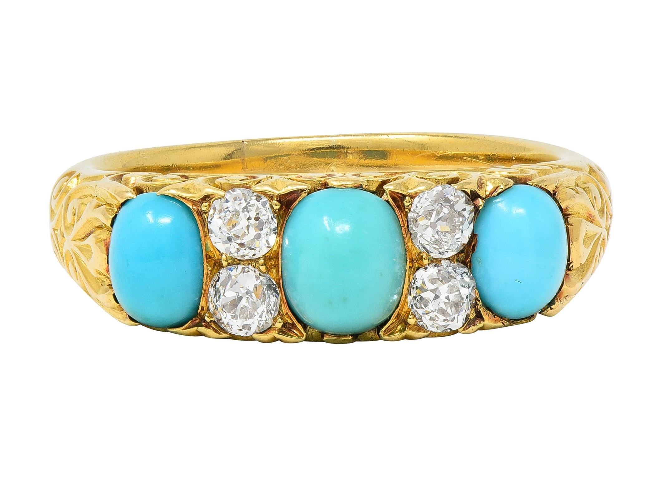 Victorian Diamond Turquoise 18 Karat Yellow Gold Scrolling Antique Band Ring