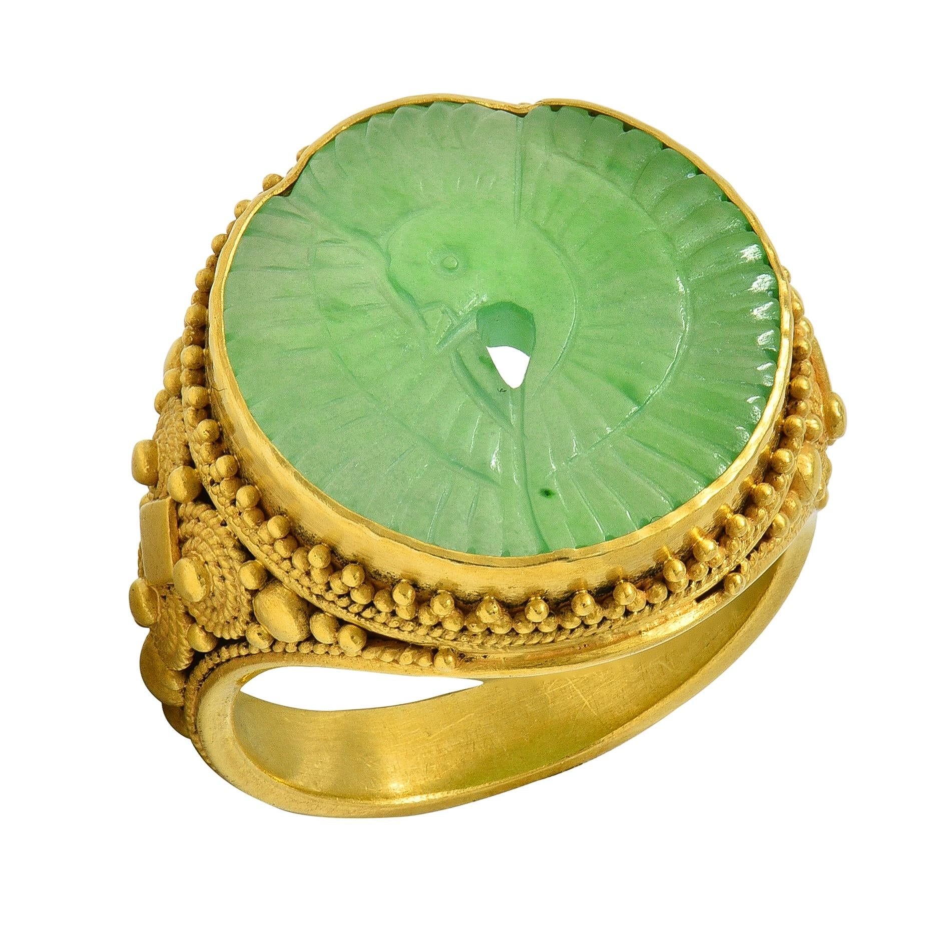 Etruscan Revival Victorian Jade 14K Gold Antique Granulated Crane Signet Ring