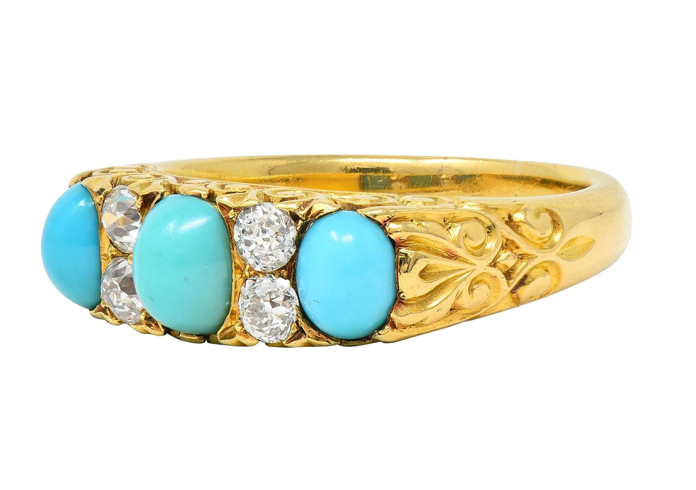 Victorian Diamond Turquoise 18 Karat Yellow Gold Scrolling Antique Band Ring