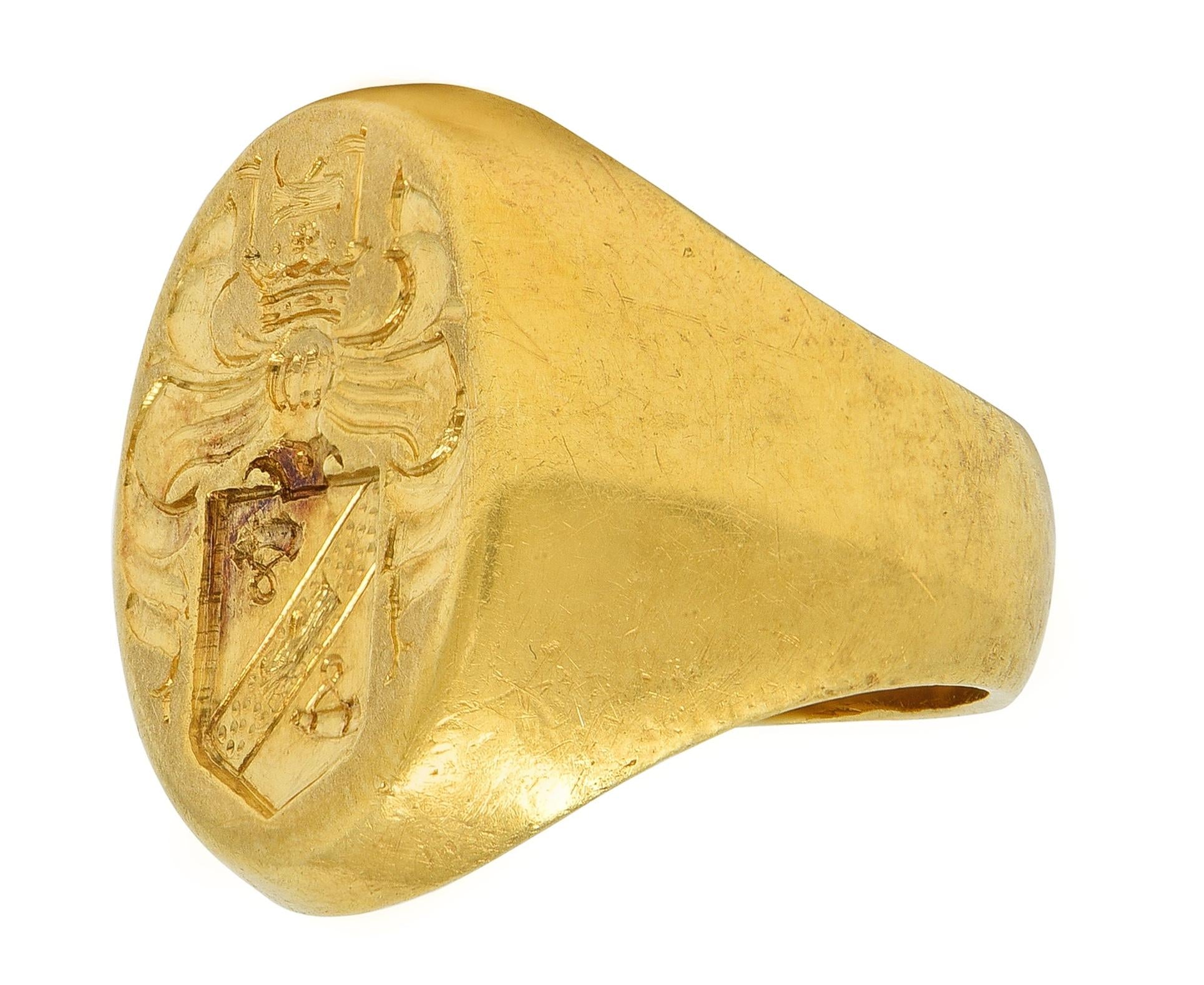 Edwardian Merrin 18 Karat Yellow Gold Antique Heraldic Crest Signet Ring
