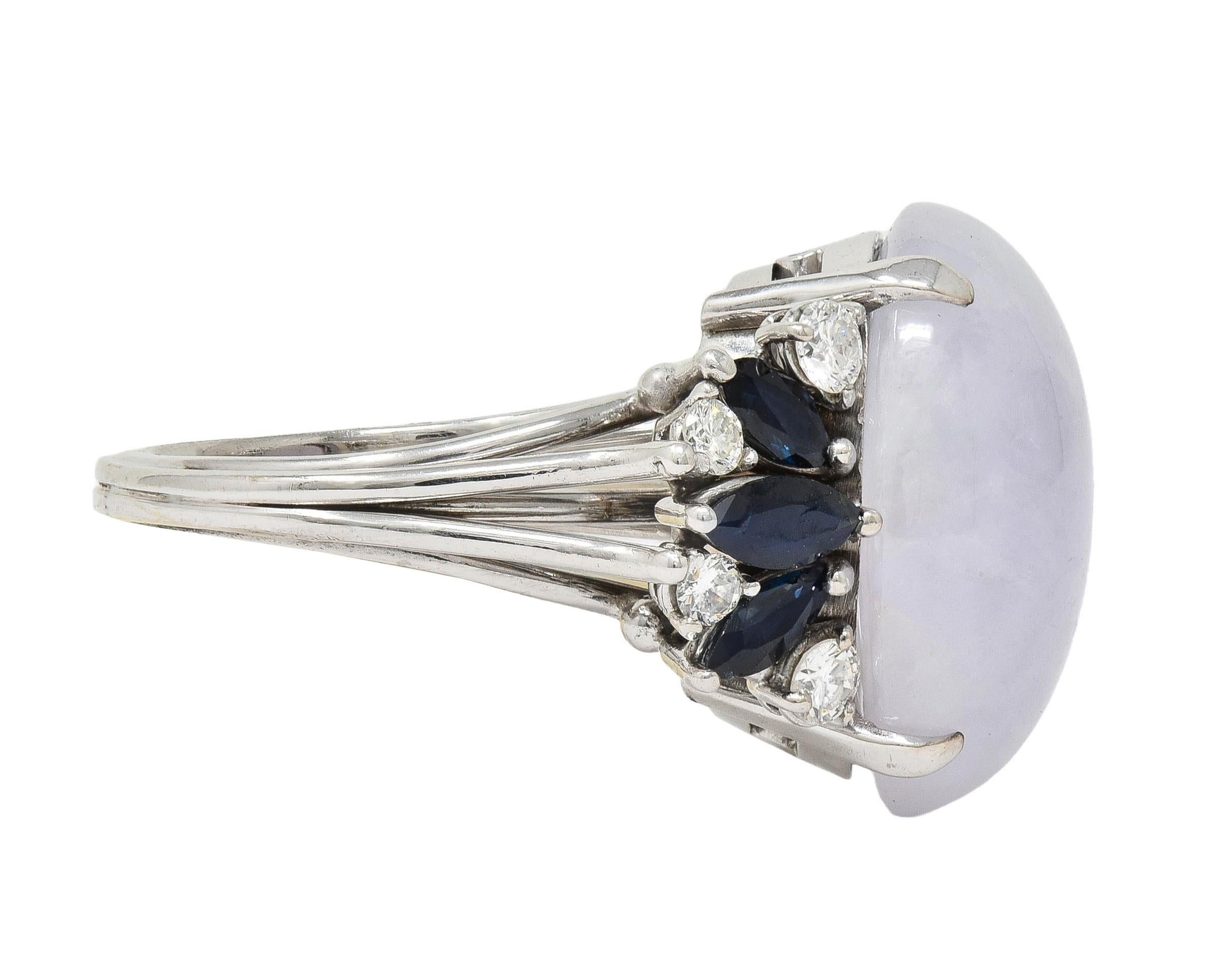 Mid-Century Lavender Jade Sapphire Diamond 14 Karat White Gold Vintage Ring