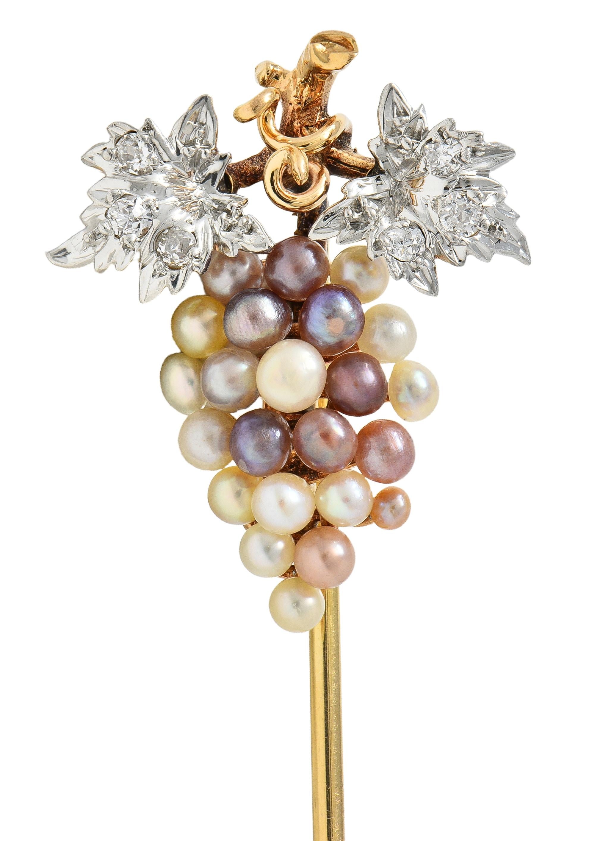 Edwardian Pearl Diamond Platinum 14 Karat Yellow Gold Antique Grape Stickpin