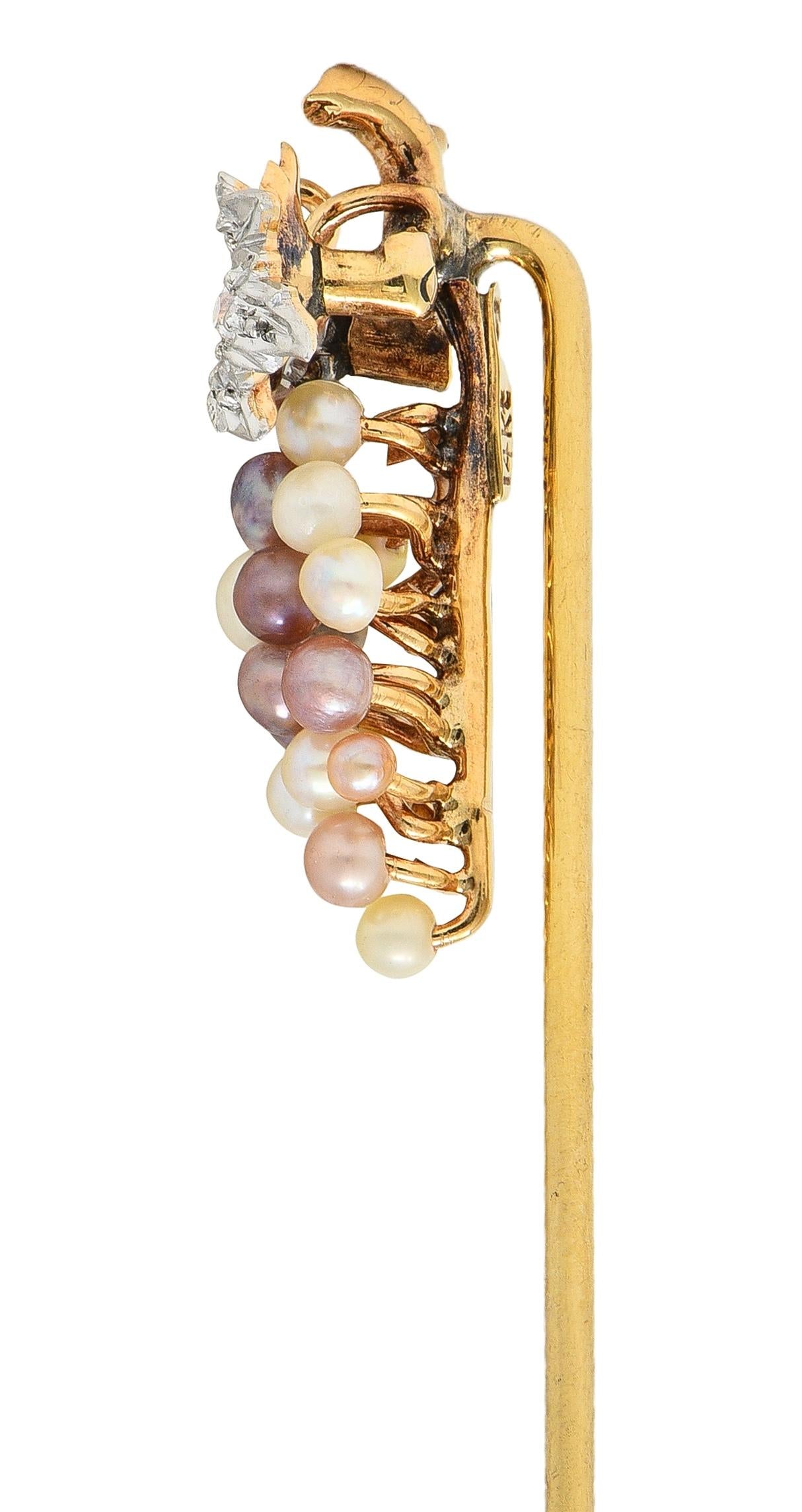 Edwardian Pearl Diamond Platinum 14 Karat Yellow Gold Antique Grape Stickpin