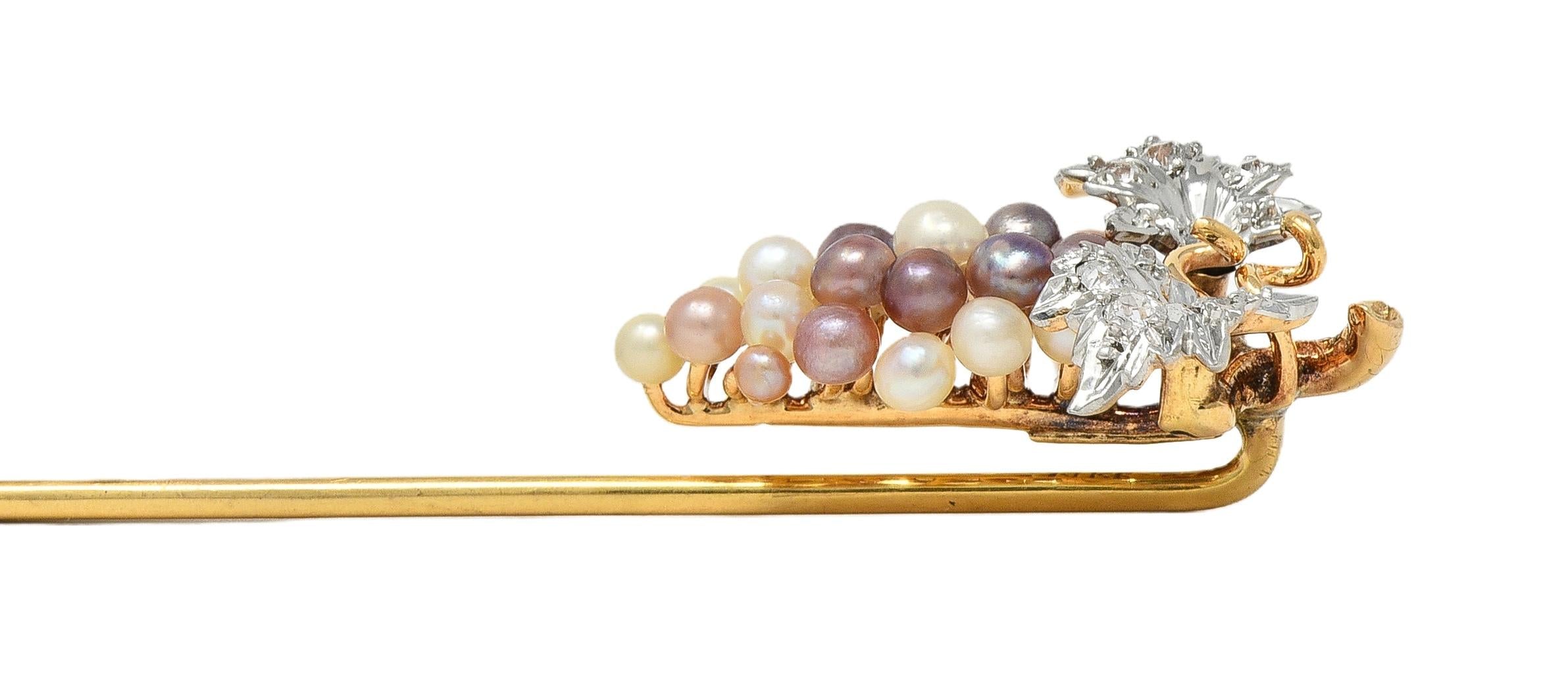 Edwardian Pearl Diamond Platinum 14 Karat Yellow Gold Antique Grape Stickpin