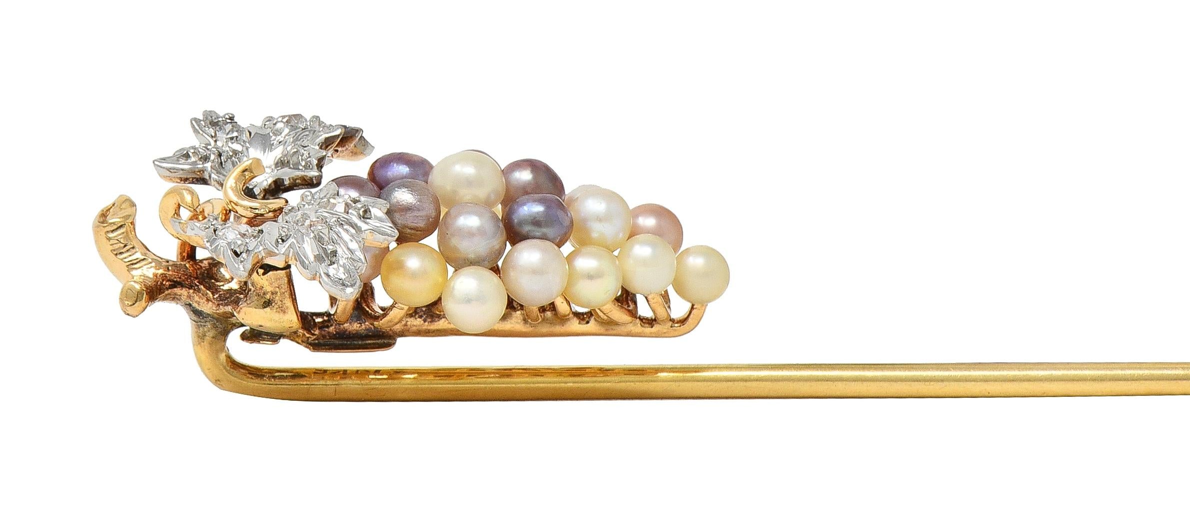 Edwardian Pearl Diamond Platinum 14 Karat Yellow Gold Antique Grape Stickpin