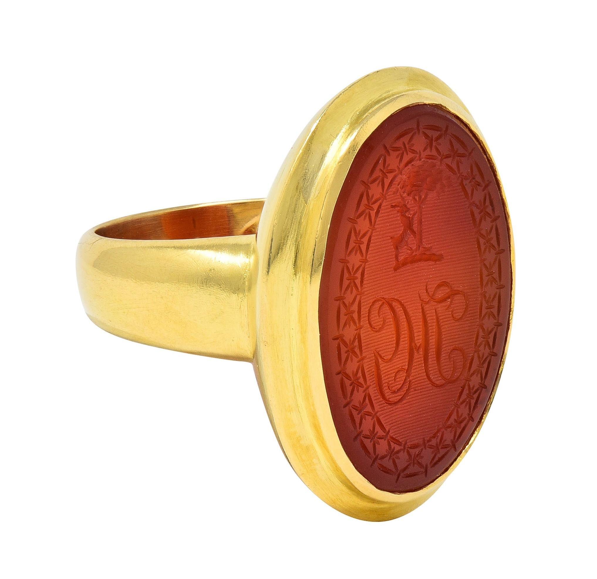 Victorian Carved Carnelian 18 Karat Yellow Gold Signet Antique Intaglio Ring