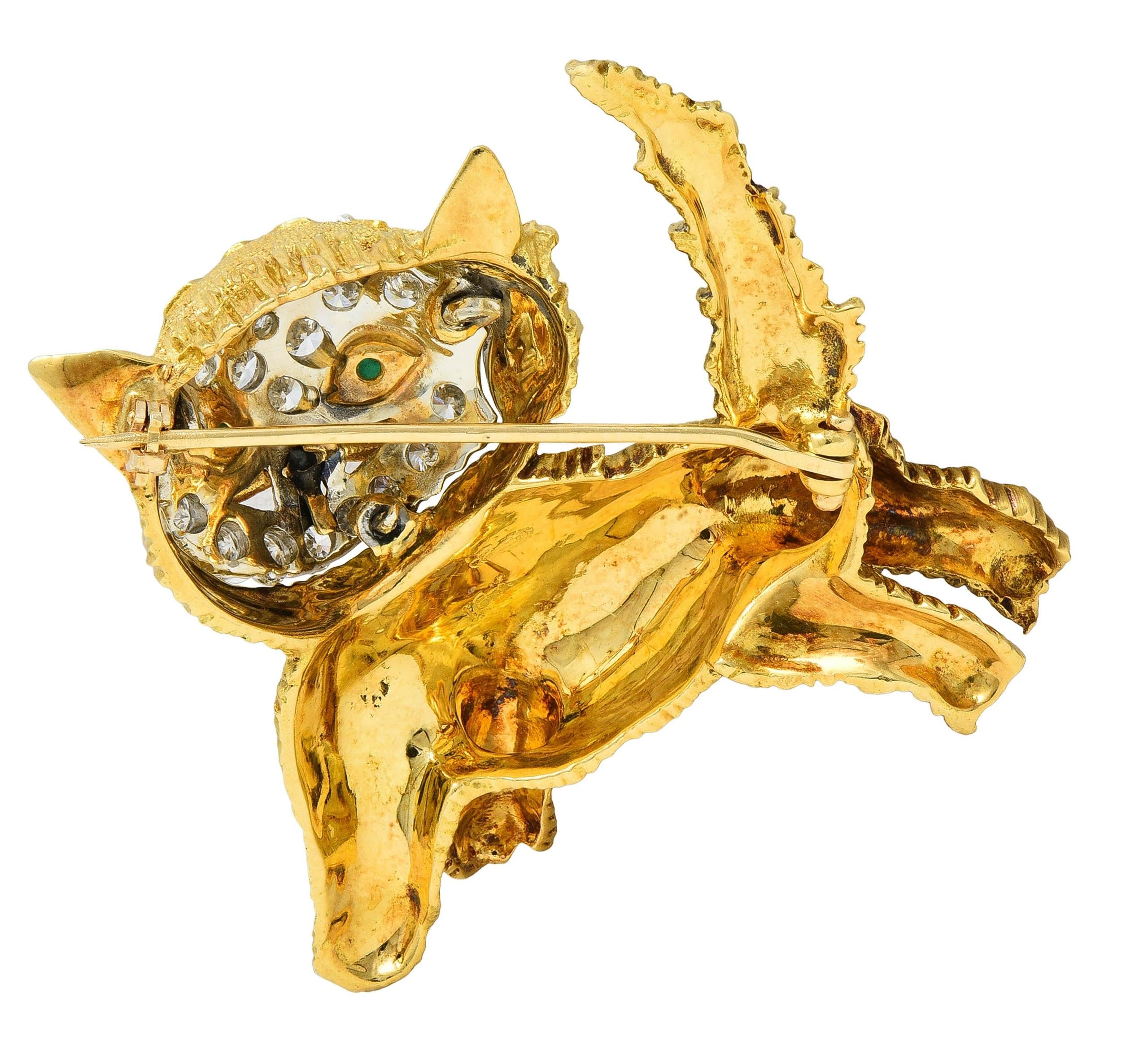 Vintage 1960's Emerald Ruby Diamond 18 Karat Two-Tone Gold Kitten Cat Brooch