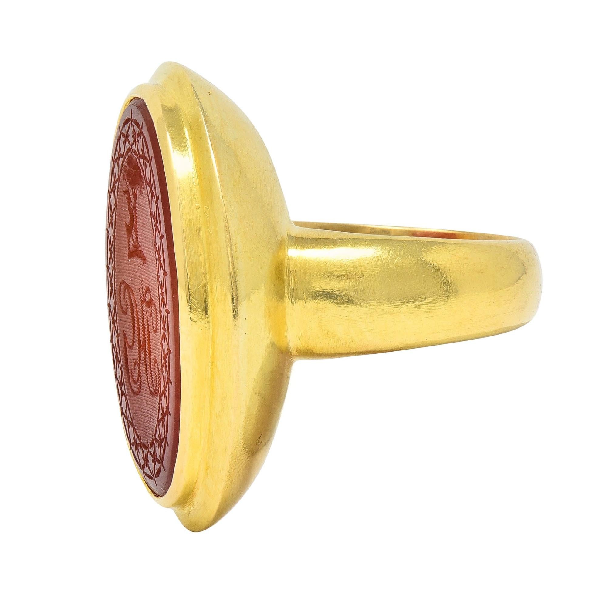 Victorian Carved Carnelian 18 Karat Yellow Gold Signet Antique Intaglio Ring