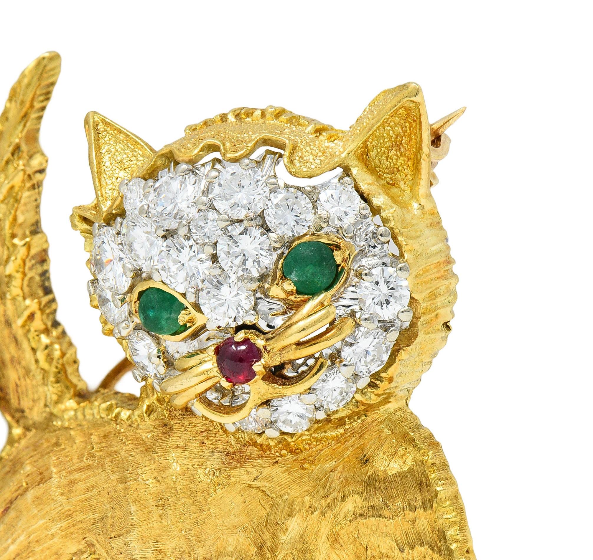 Vintage 1960's Emerald Ruby Diamond 18 Karat Two-Tone Gold Kitten Cat Brooch