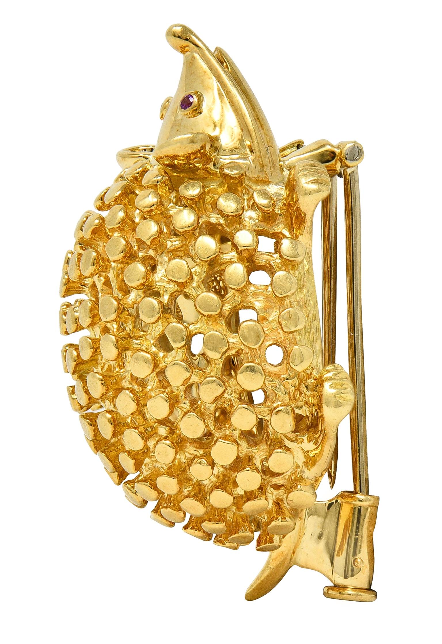 Schlumberger Tiffany & Co. 1980's Ruby 18K Yellow Gold Vintage Hedgehog Brooch