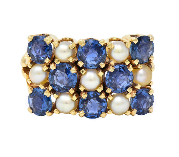Victorian 2.00 CTW Sapphire Pearl 14 Karat Gold Antique Checkerboard Ring