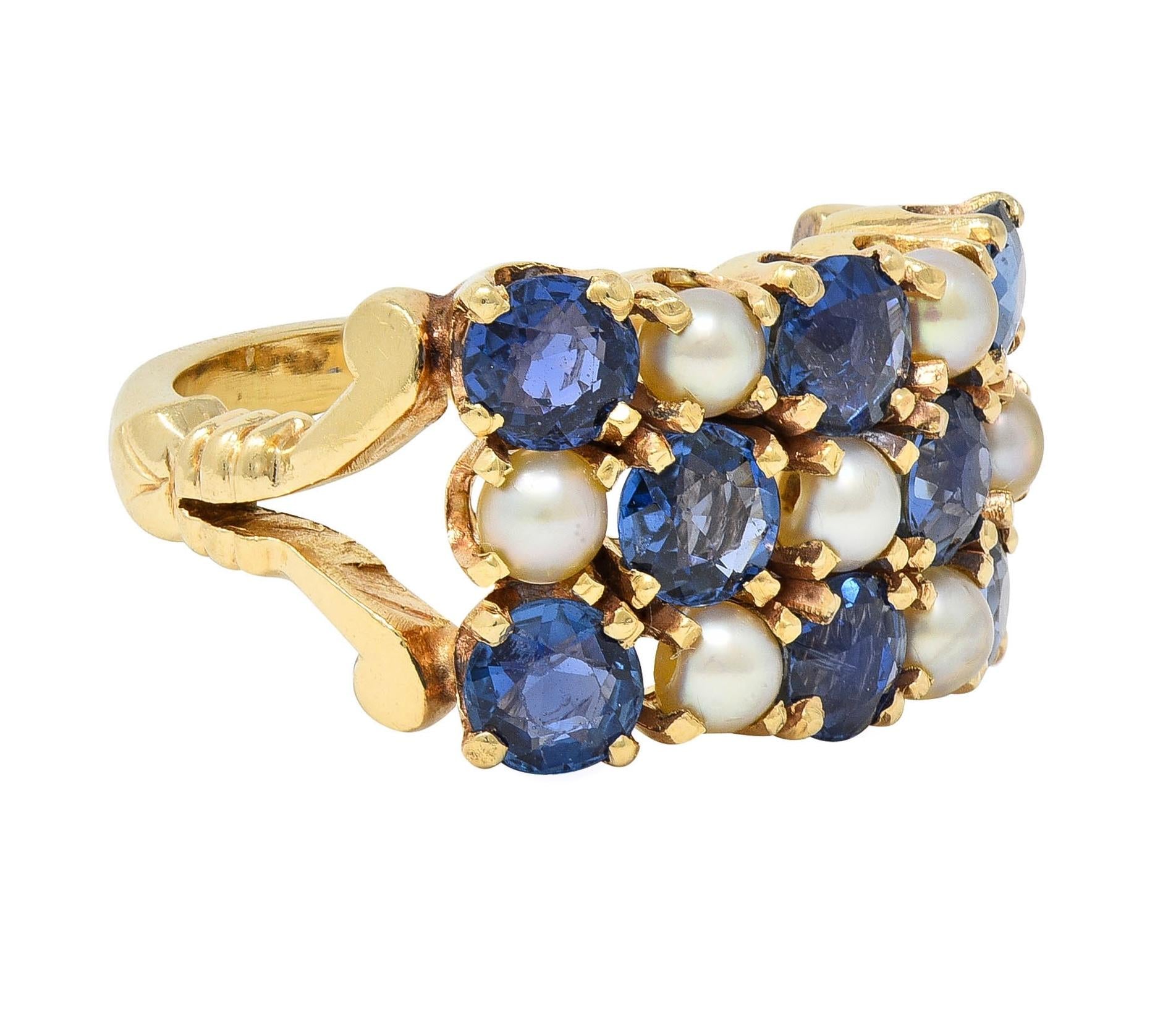 Victorian 2.00 CTW Sapphire Pearl 14 Karat Gold Antique Checkerboard Ring