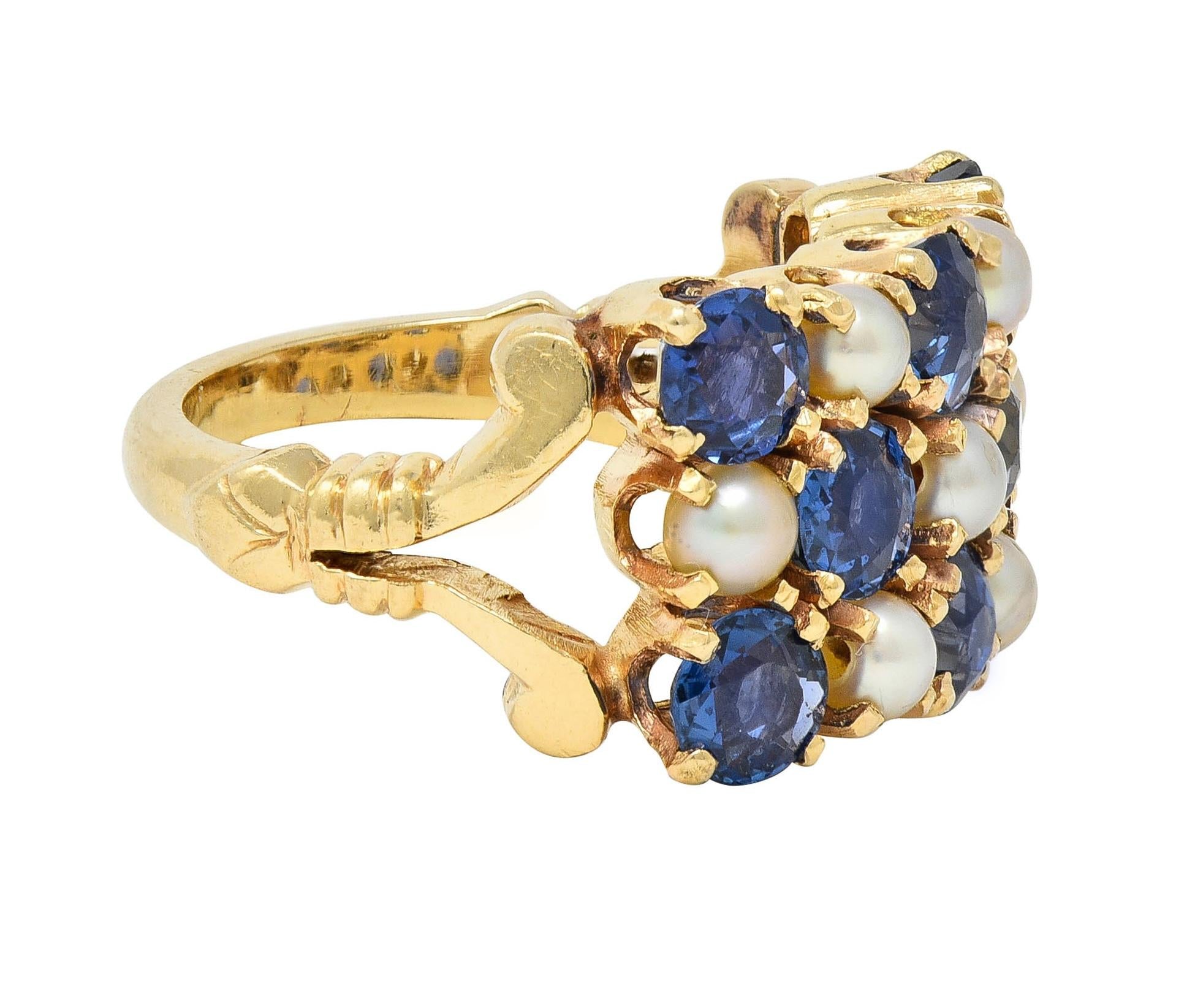 Victorian 2.00 CTW Sapphire Pearl 14 Karat Gold Antique Checkerboard Ring