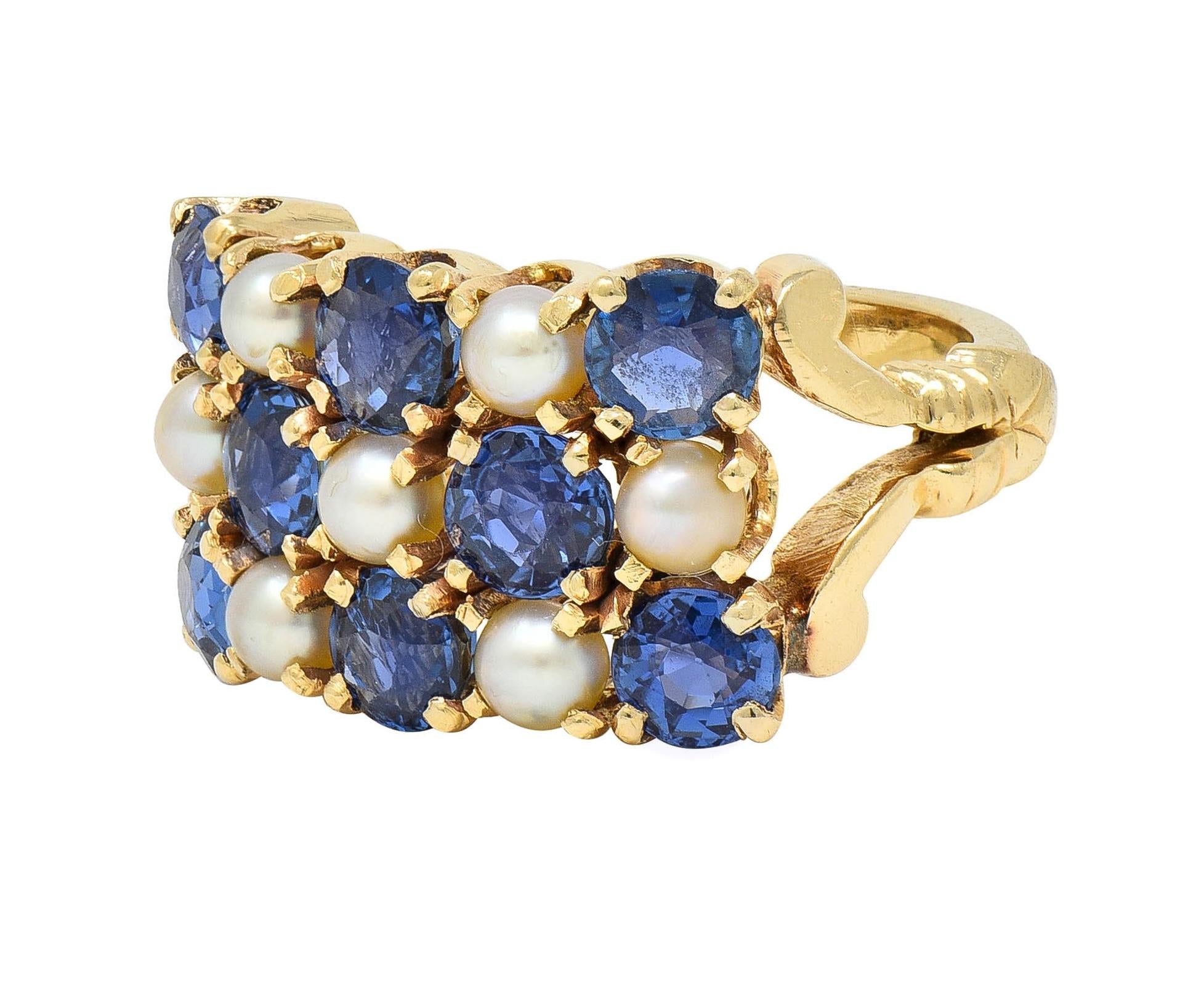 Victorian 2.00 CTW Sapphire Pearl 14 Karat Gold Antique Checkerboard Ring