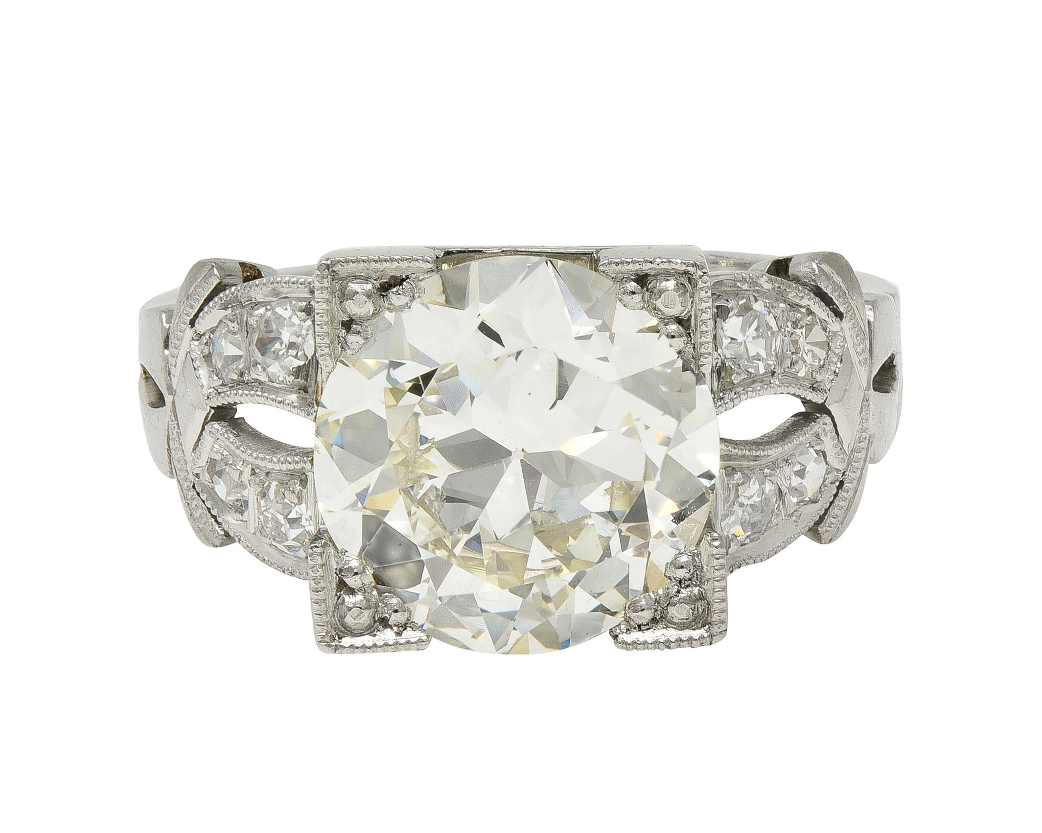 Art Deco 2.95 CTW European Diamond Platinum Vintage Buckle Engagement Ring GIA