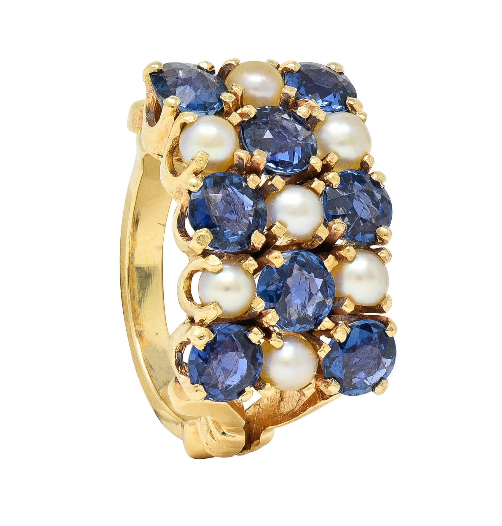 Victorian 2.00 CTW Sapphire Pearl 14 Karat Gold Antique Checkerboard Ring