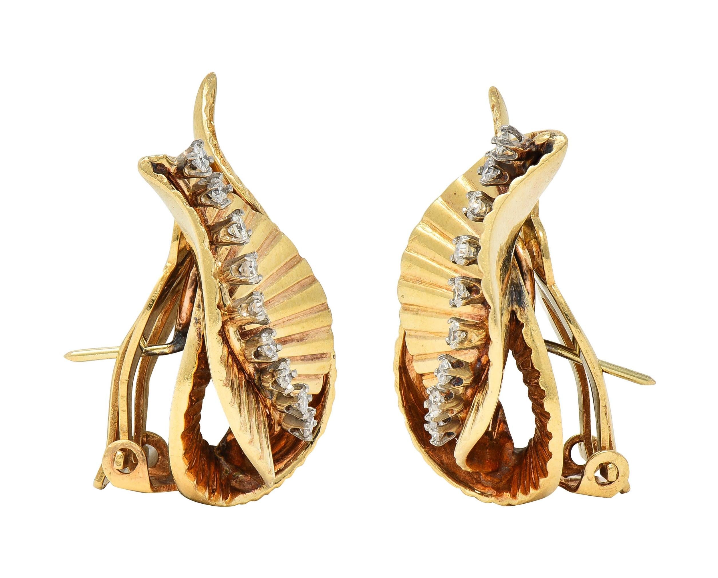 Mid-Century Diamond 14 Karat Two-Tone Yellow Gold Vintage Leaf Earrings