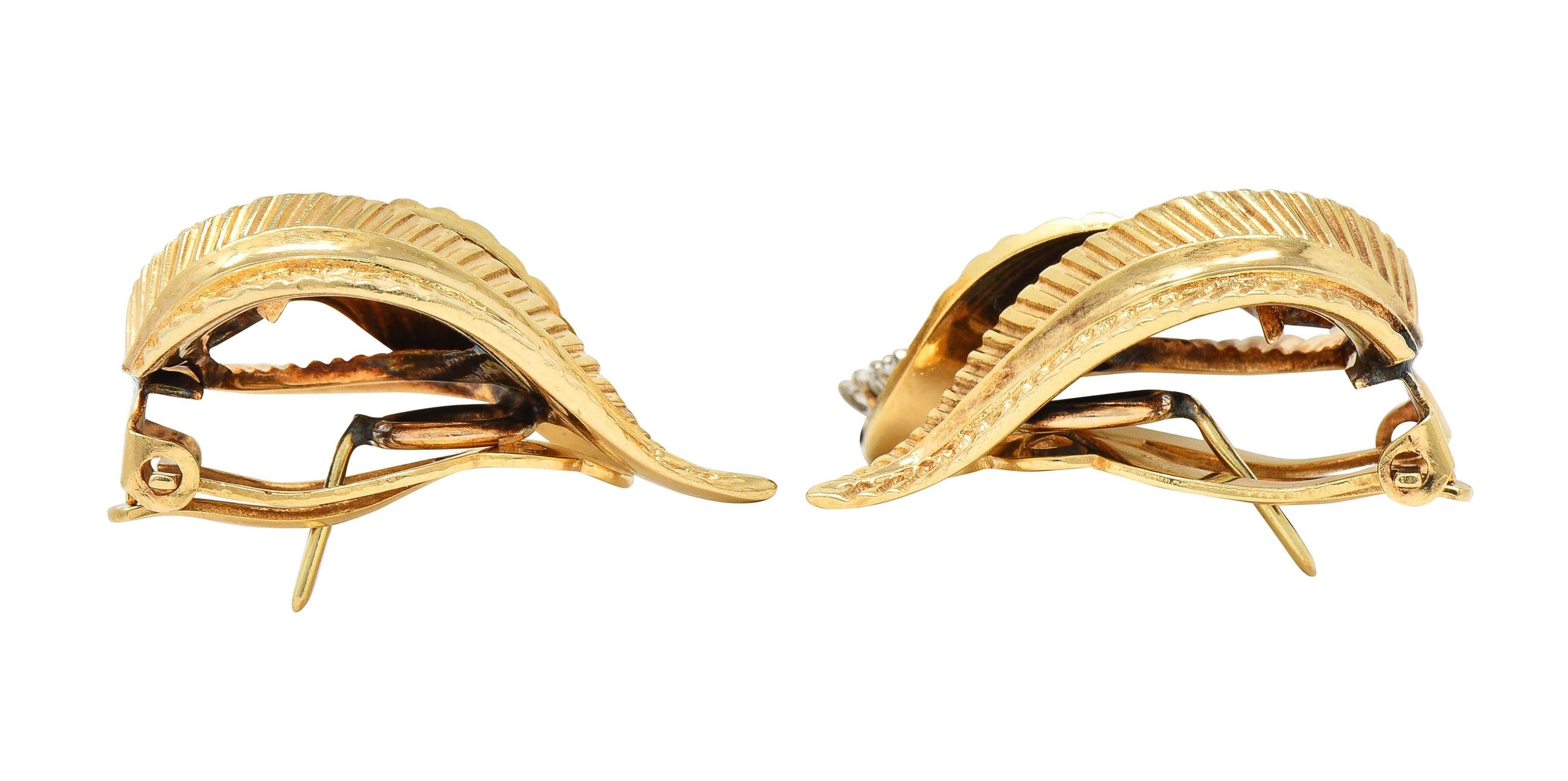 Mid-Century Diamond 14 Karat Two-Tone Yellow Gold Vintage Leaf Earrings