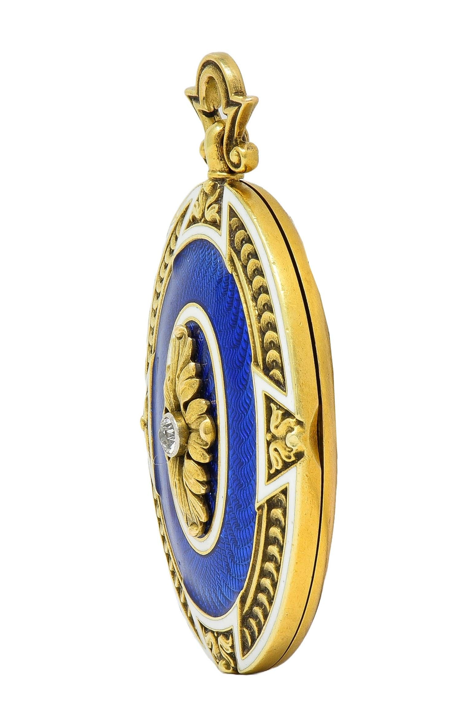 Henry Blank & Co. Diamond Guilloche Enamel 14 Karat Gold Antique Locket Pendant