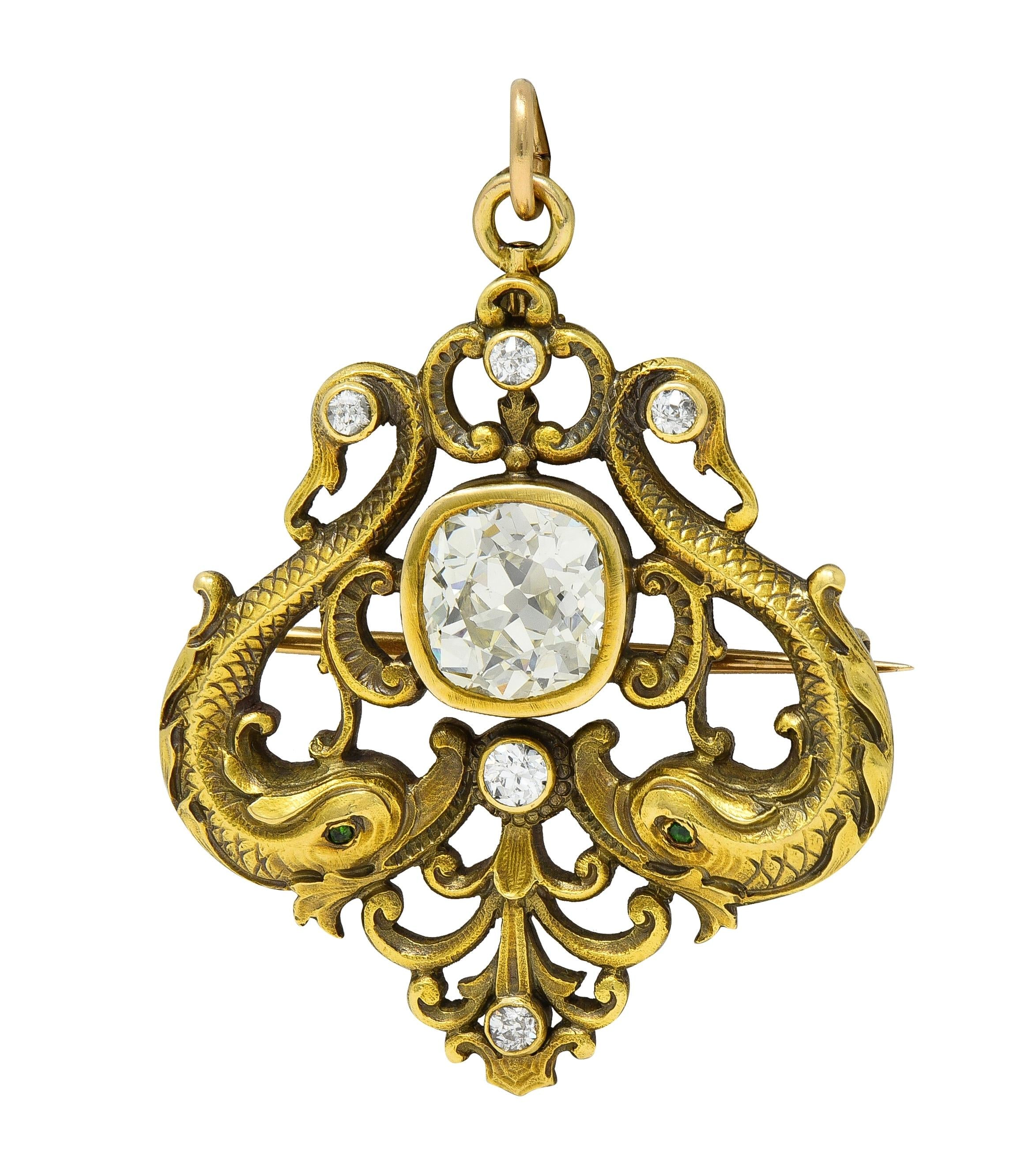 Frank Walter Lawrence Nouveau Diamond 14K Gold Antique Serpent Pendant Brooch