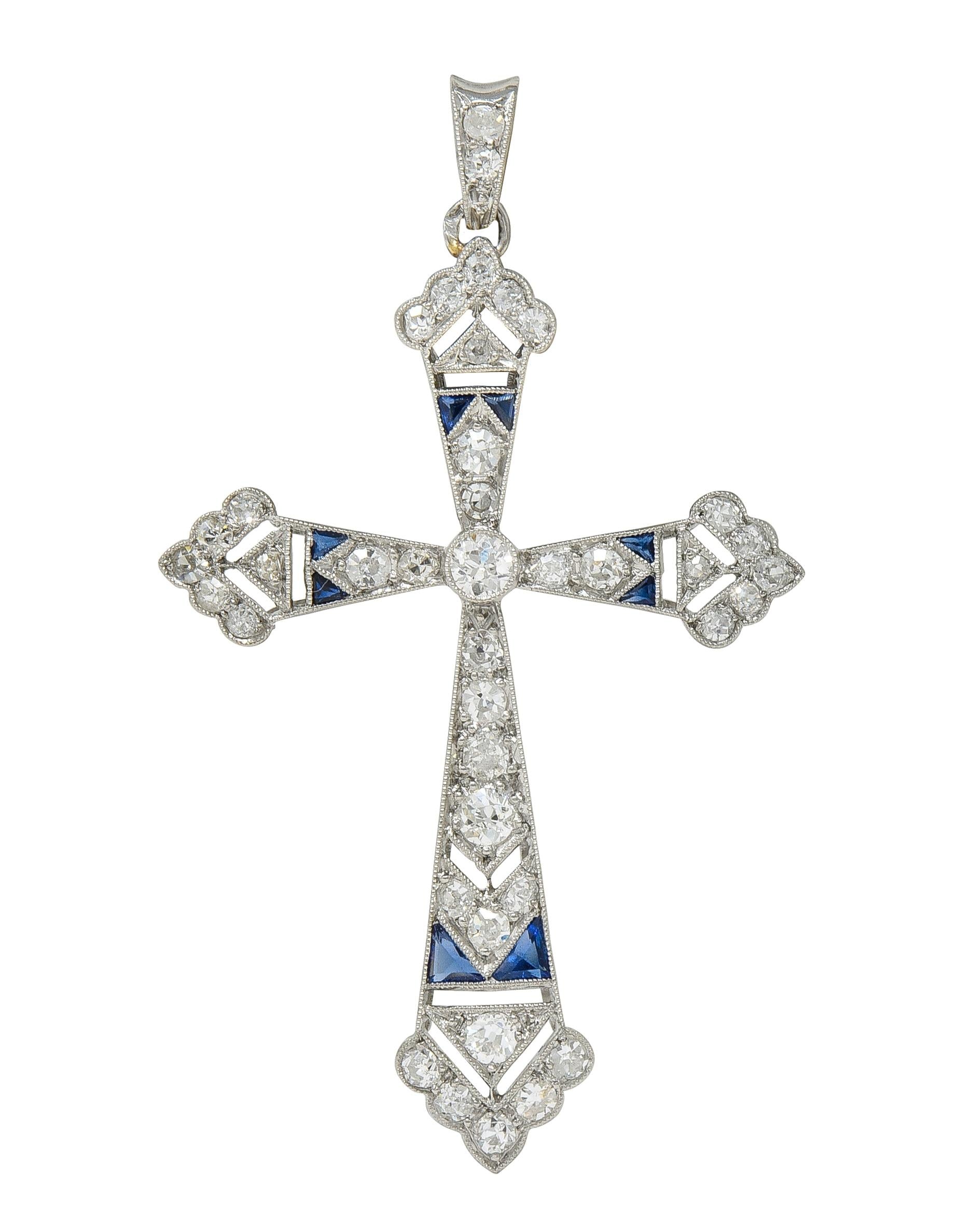 French Art Deco Old European Cut Diamond Sapphire Platinum Vintage Cross Pendant