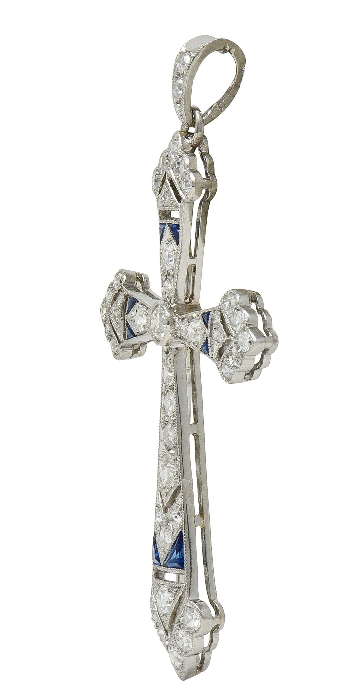French Art Deco Old European Cut Diamond Sapphire Platinum Vintage Cross Pendant