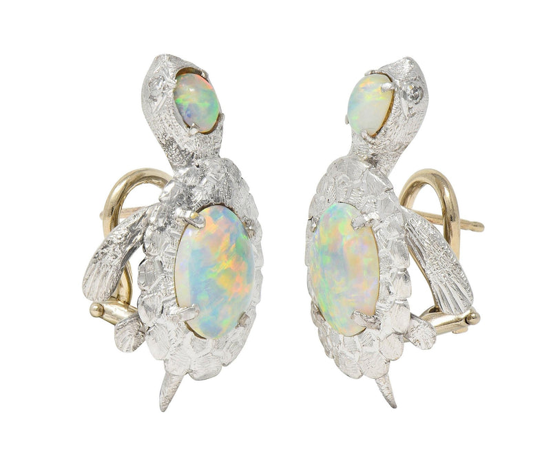 1990's Opal Diamond 18 Karat White Gold Vintage Turtle Earrings