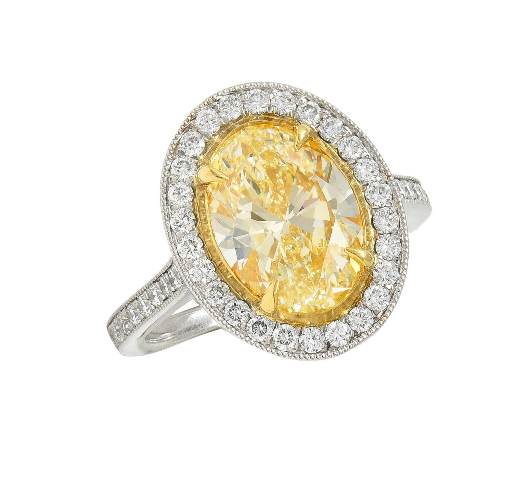 Contemporary 2.72 CTW Yellow Diamond Platinum 18 Karat Gold Halo Ring GIA