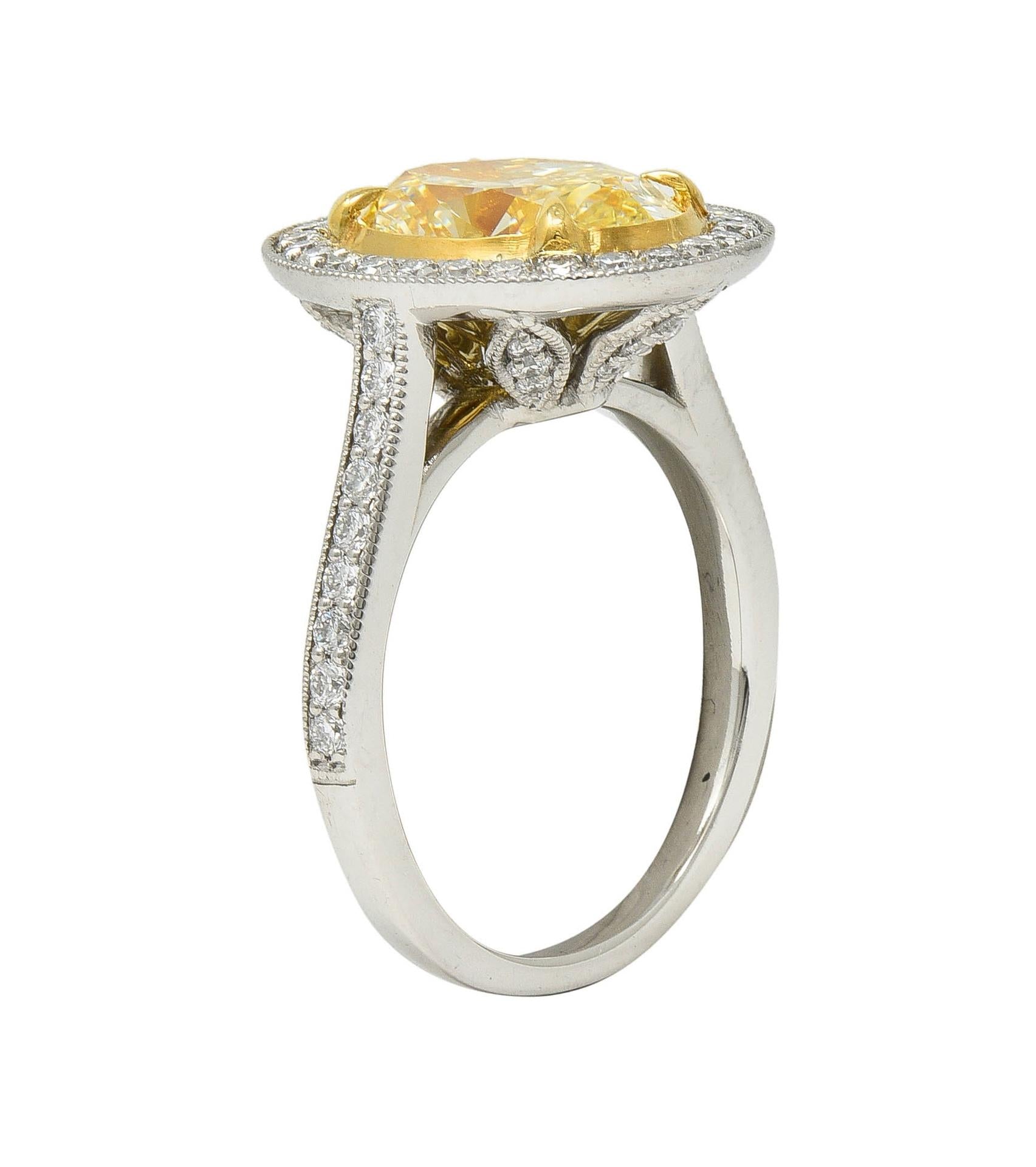 Contemporary 2.72 CTW Yellow Diamond Platinum 18 Karat Gold Halo Ring GIA