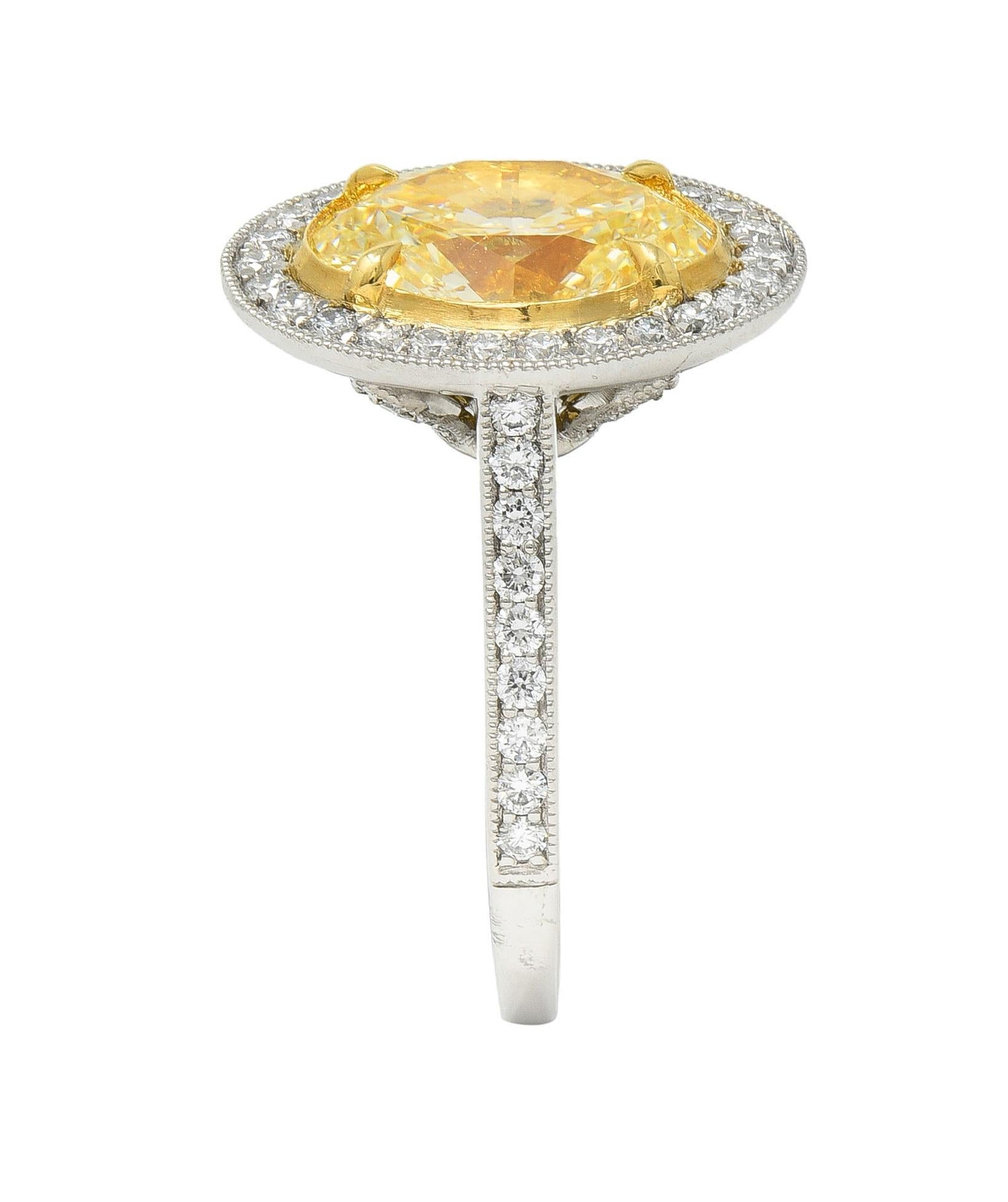 Contemporary 2.72 CTW Yellow Diamond Platinum 18 Karat Gold Halo Ring GIA