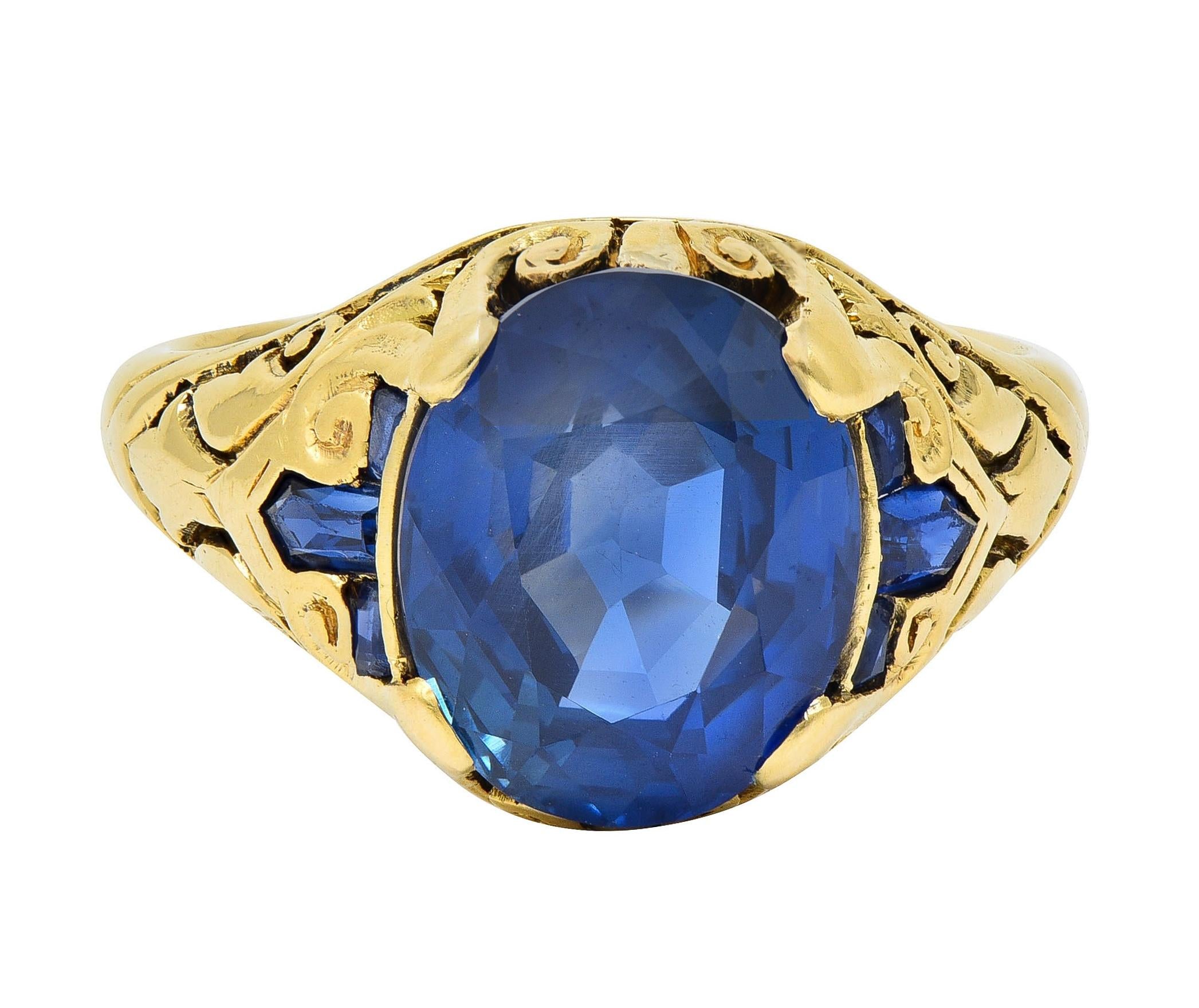 1925 Art Deco 6.57 CTW No Heat Burma Sapphire 14K Gold Antique Scroll Ring AGL