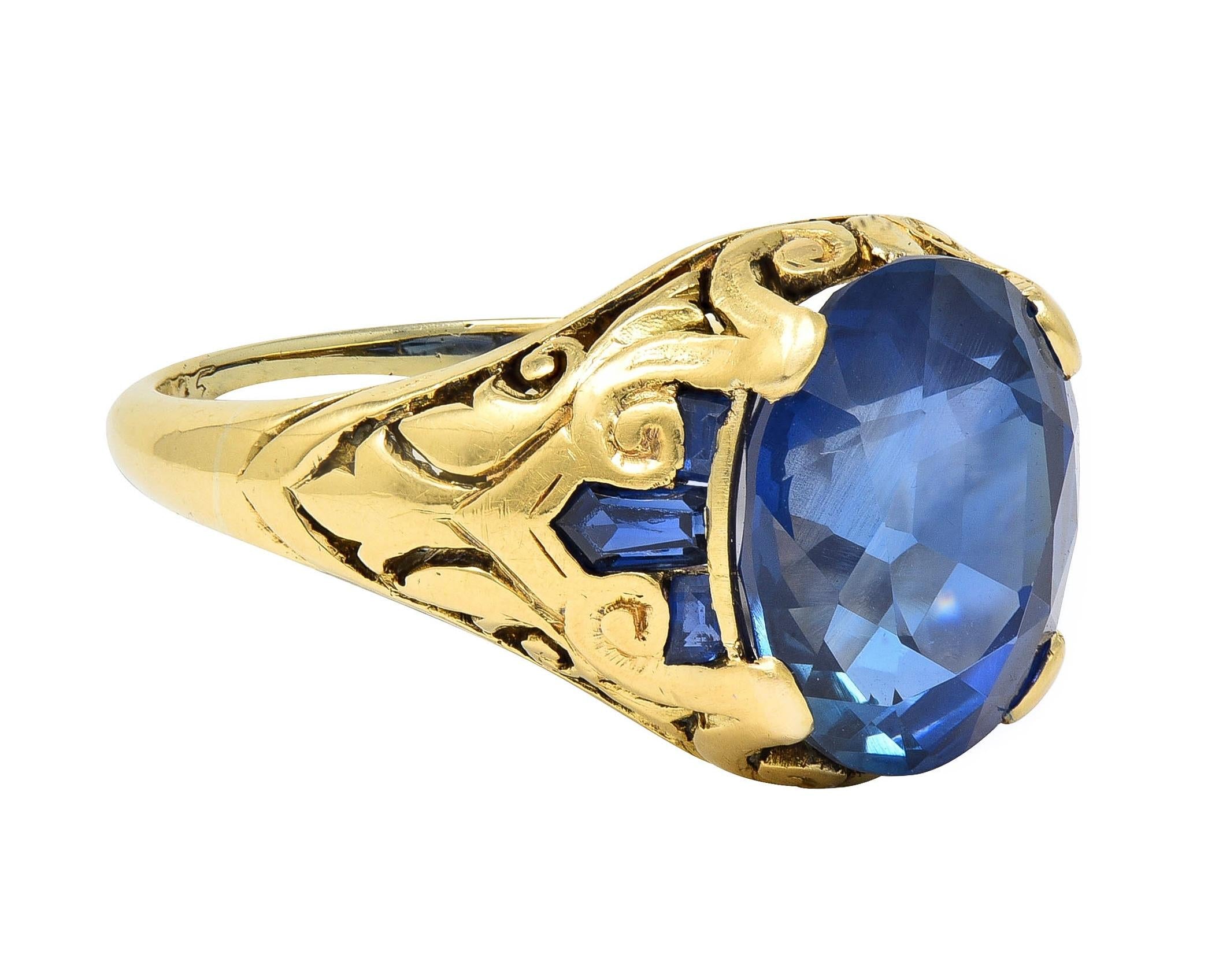 1925 Art Deco 6.57 CTW No Heat Burma Sapphire 14K Gold Antique Scroll Ring AGL