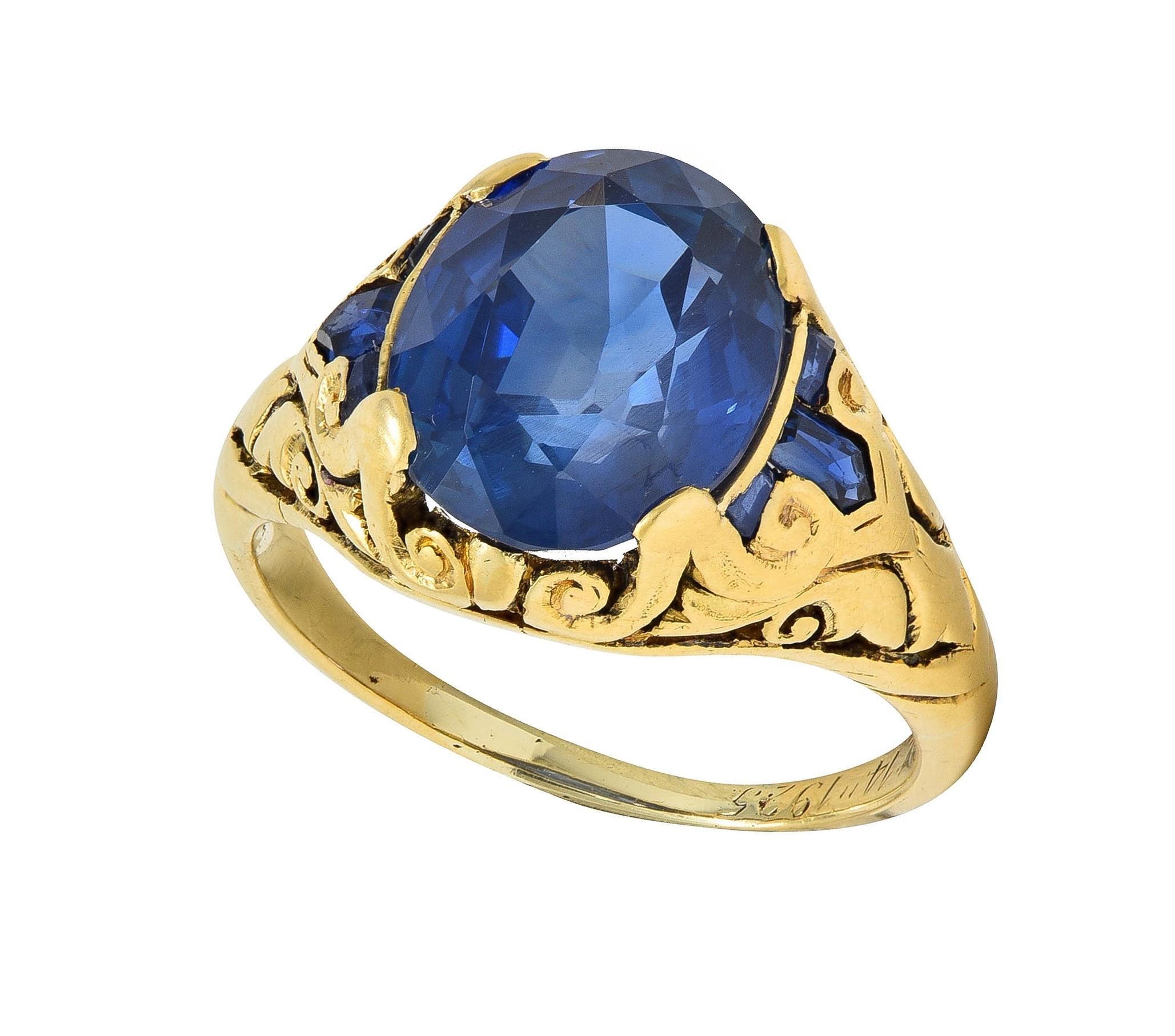 1925 Art Deco 6.57 CTW No Heat Burma Sapphire 14K Gold Antique Scroll Ring AGL