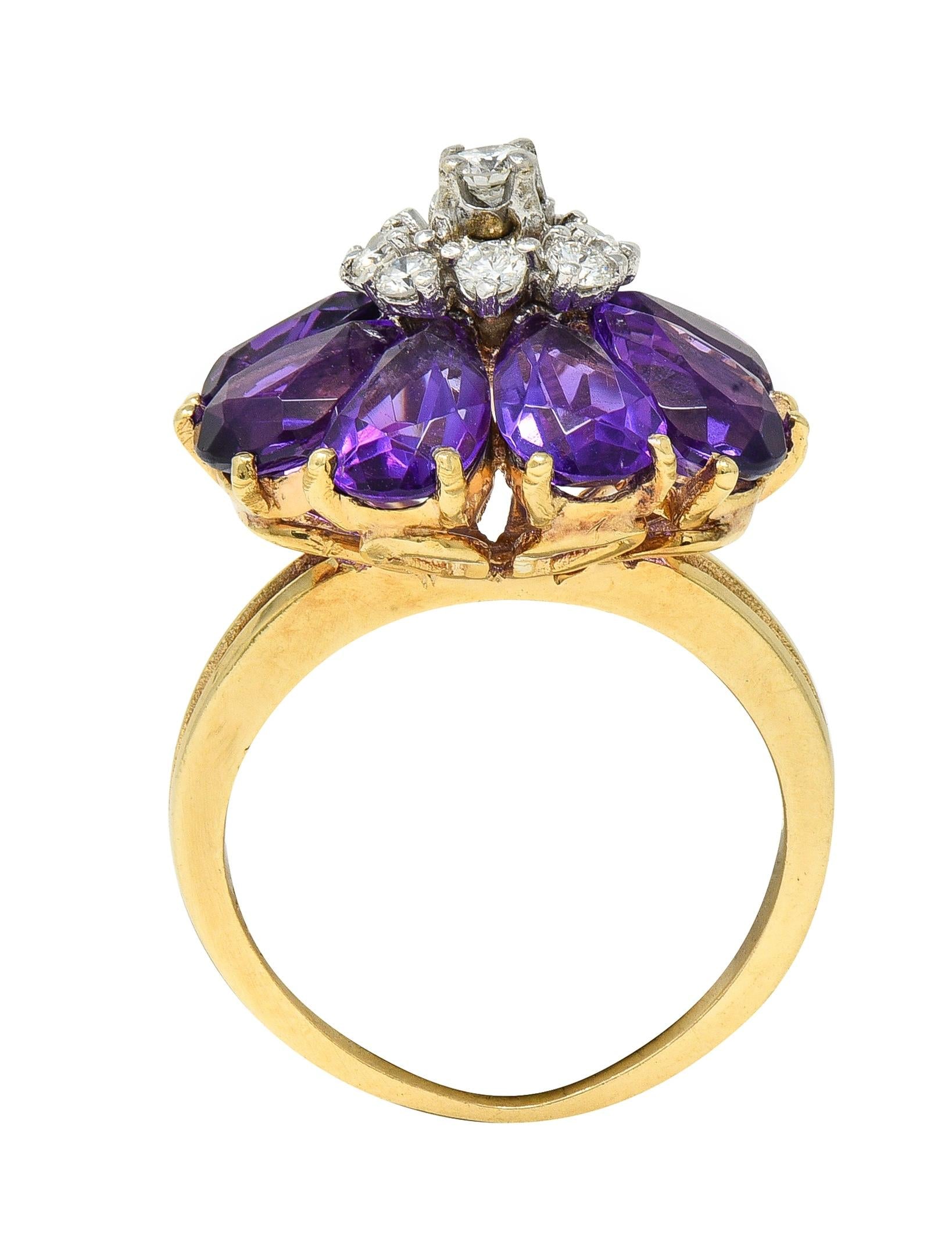 1960's 5.92 CTW Amethyst Diamond 14K Gold Vintage Cluster Cocktail Ring