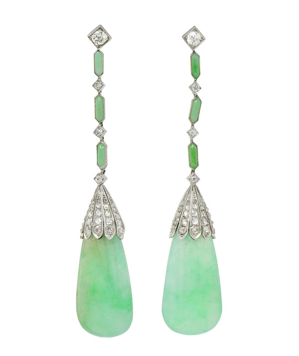Art Deco French 1.55 CTW Diamond Carved Jade Platinum Vintage Drop Earrings