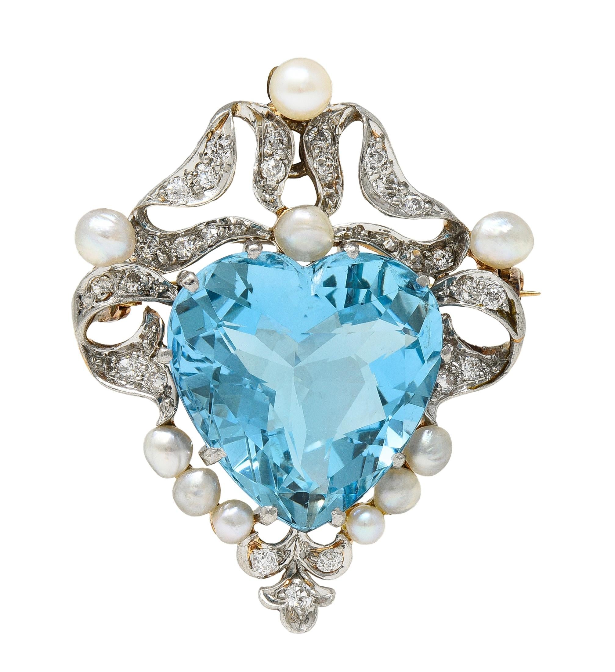 Edwardian Aquamarine Diamond Pearl Platinum 18K Gold Antique Pendant Brooch
