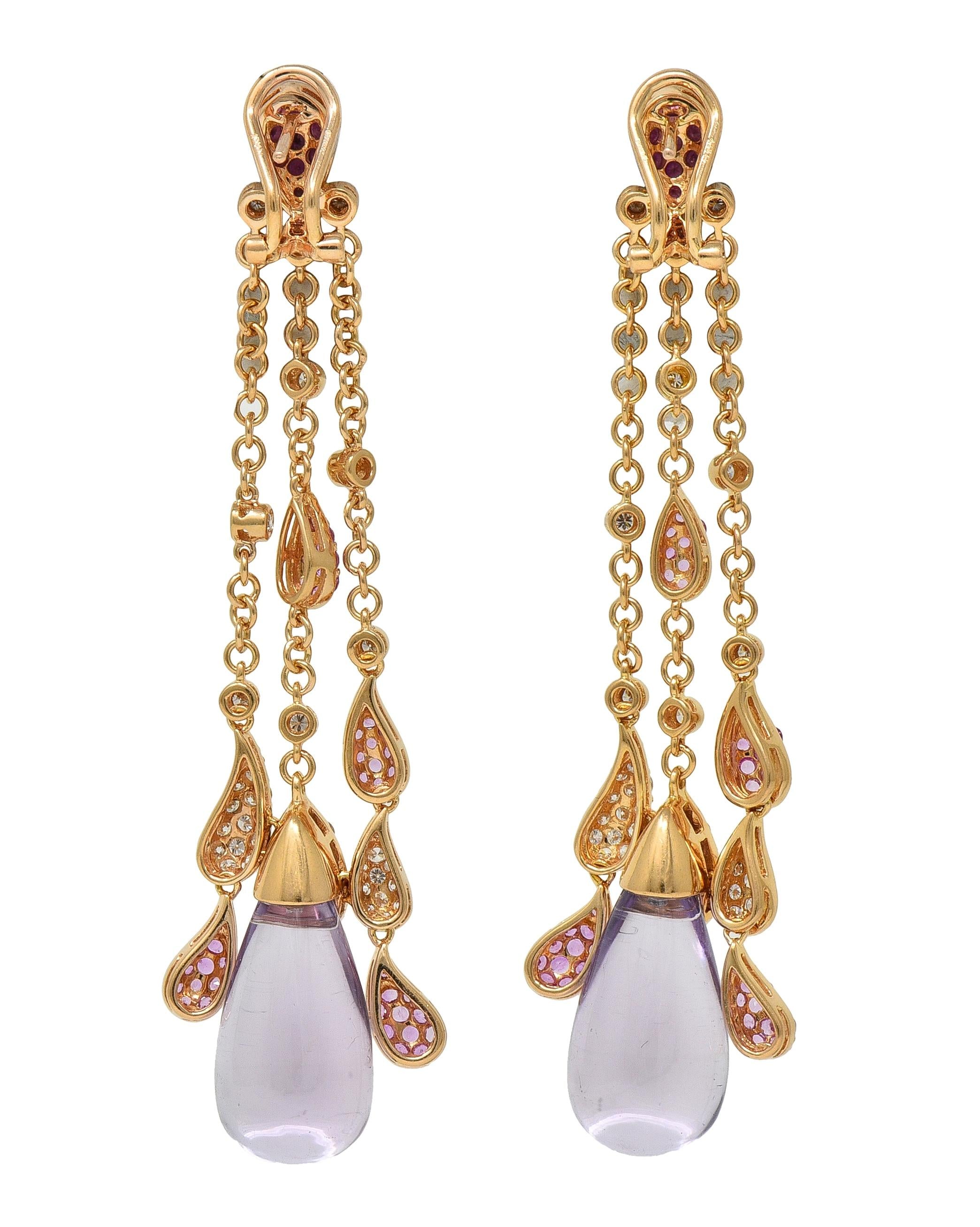 Contemporary 5.46 CTW Pink Sapphire Diamond Amethyst 18K Gold Drop Earrings