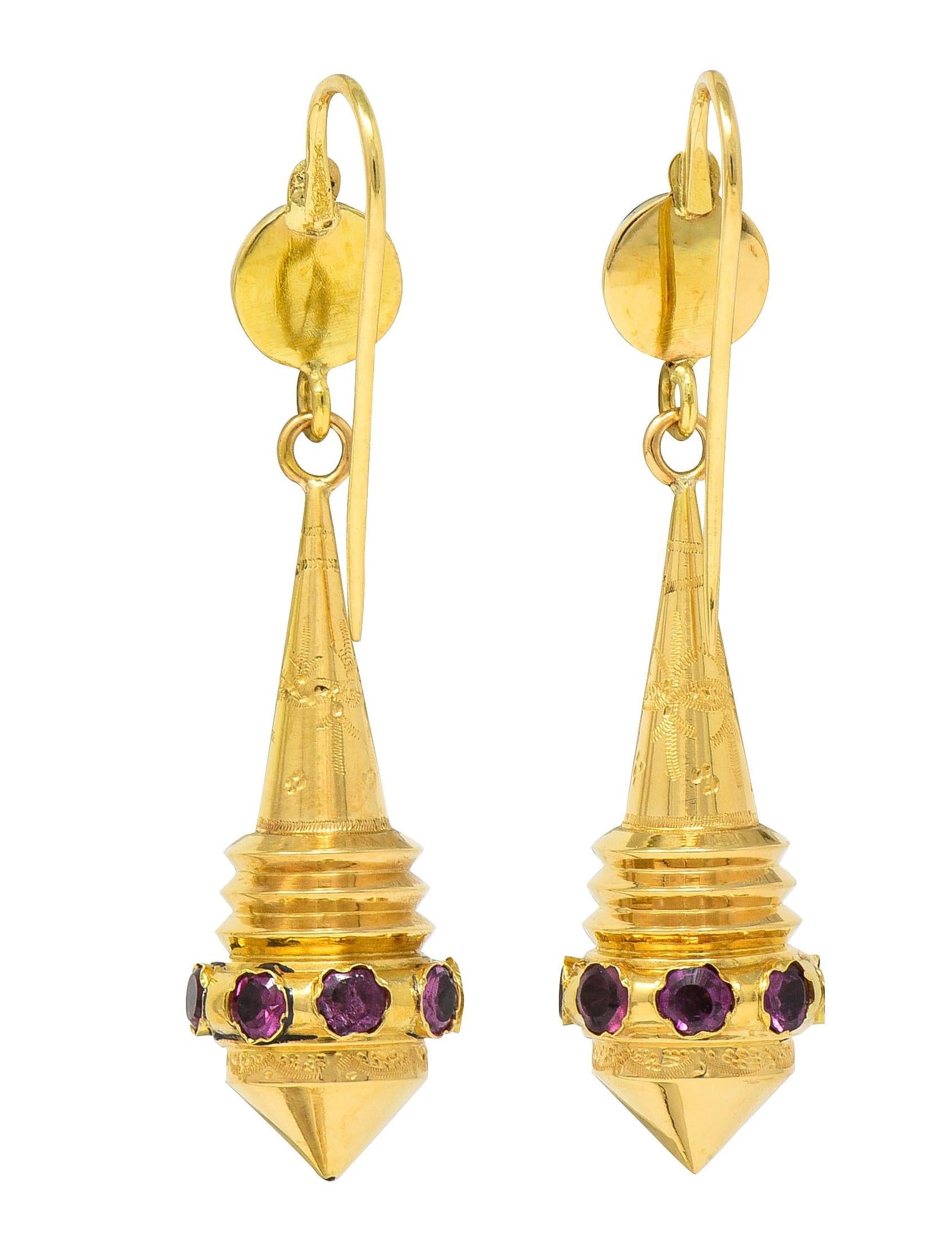 French Victorian Etruscan Revival Tourmaline 18 Karat Gold Antique Drop Earrings