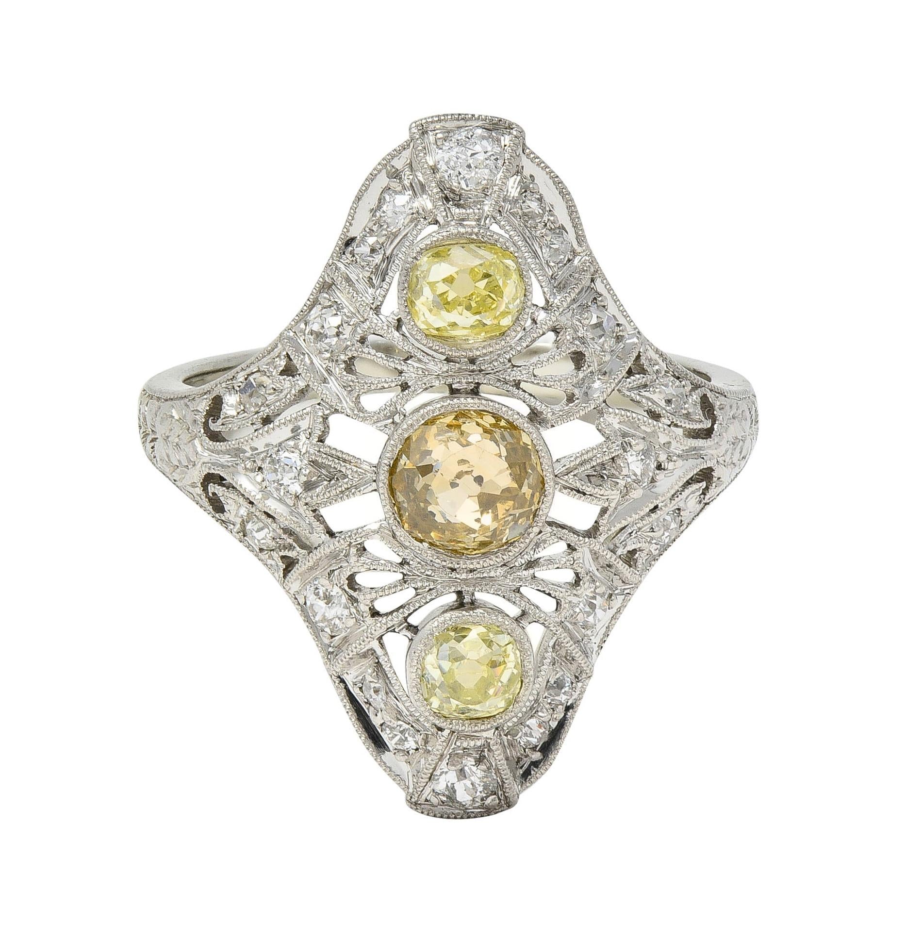 Art Deco 0.92 CTW Fancy Color Diamond Platinum Vintage Lotus Navette Dinner Ring