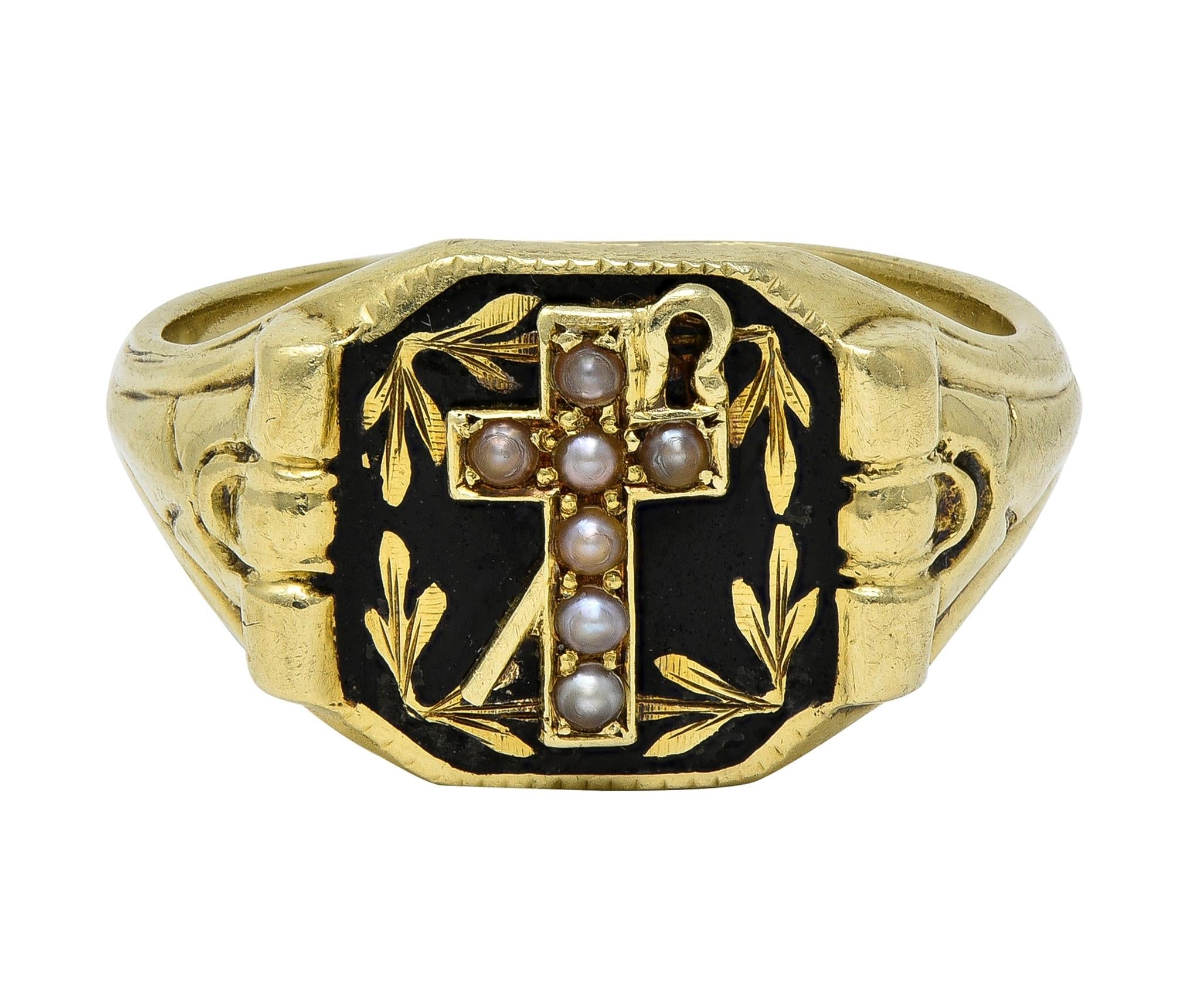 Riker Brother Enamel 14K Yellow Gold Antique Mourning Cross Unisex Signet Ring