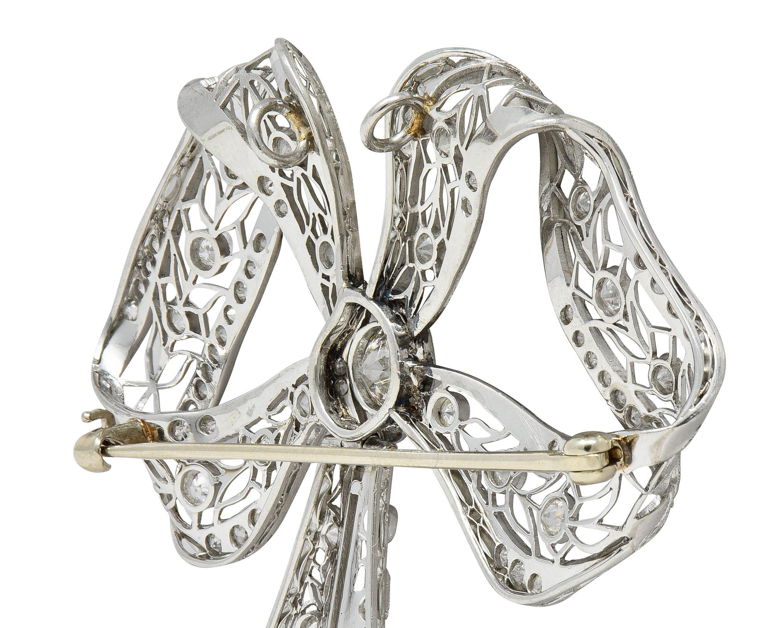 Substantial Belle Epoque Diamond Platinum Antique Tremblant Bow Pendant Brooch