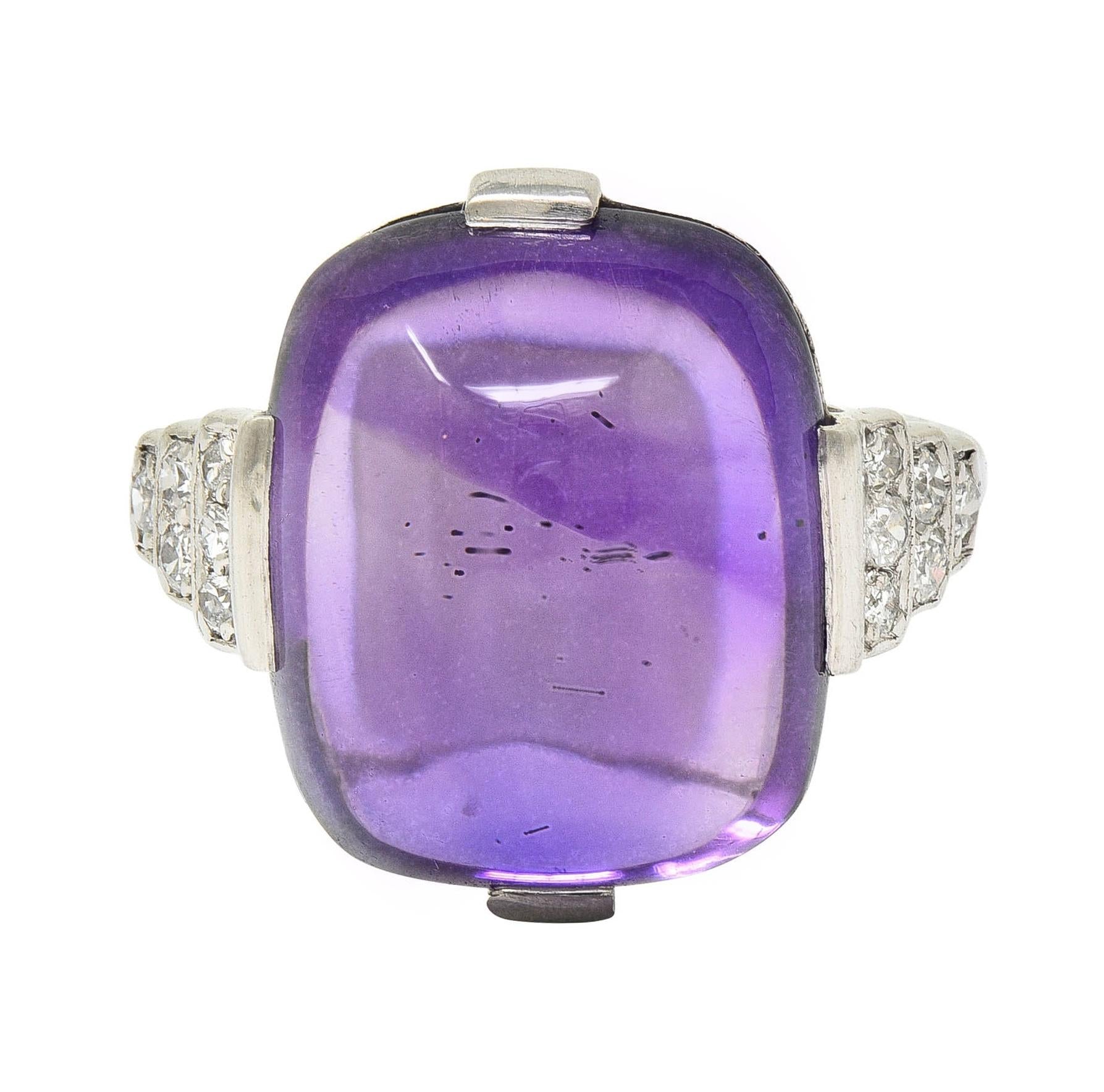 Art Deco Amethyst Cabochon Diamond Platinum Vintage Stepped Cocktail Ring