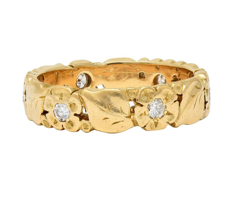 Oakes Arts & Crafts Diamond 14 Karat Yellow Gold Antique Floral Band Ring