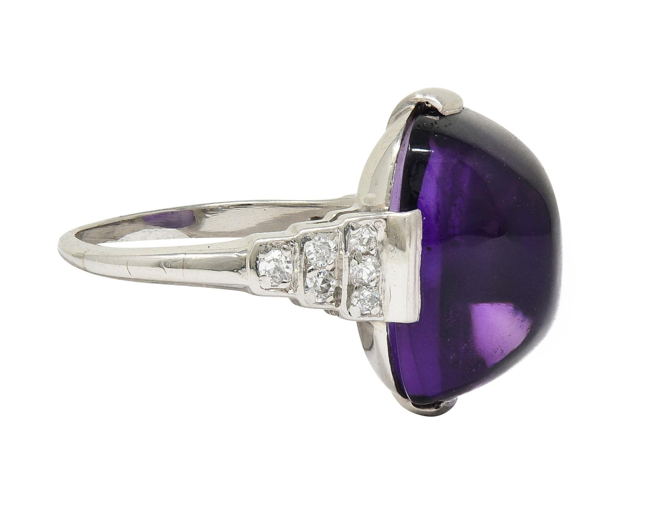 Art Deco Amethyst Cabochon Diamond Platinum Vintage Stepped Cocktail Ring