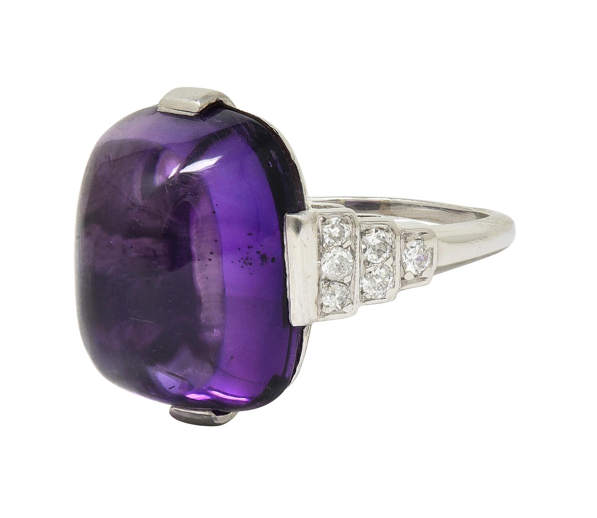 Art Deco Amethyst Cabochon Diamond Platinum Vintage Stepped Cocktail Ring