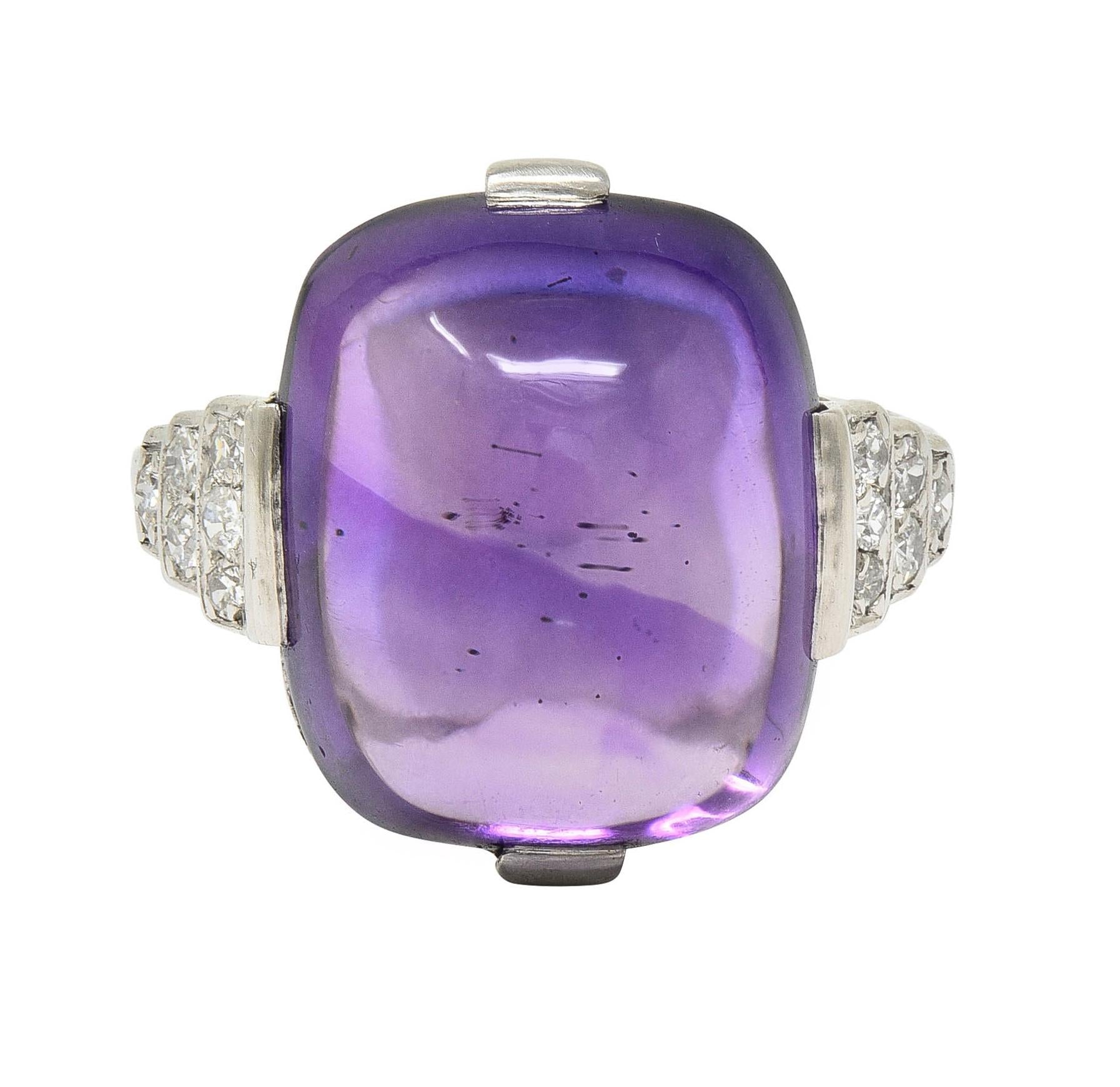 Art Deco Amethyst Cabochon Diamond Platinum Vintage Stepped Cocktail Ring